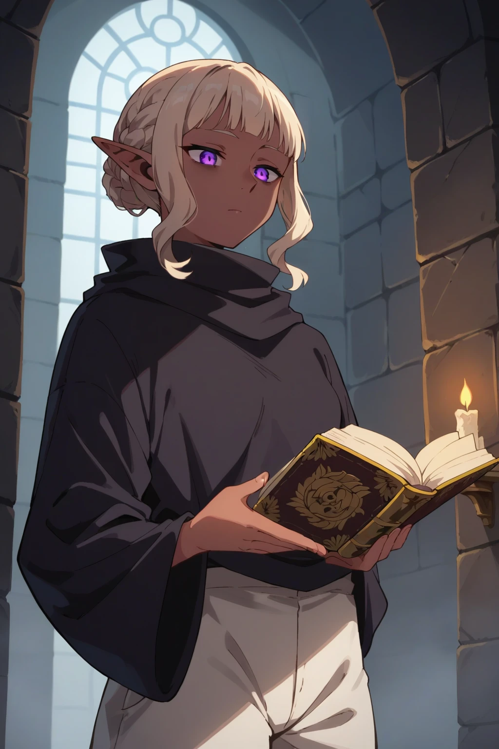 score_9, score_8_up, score_7_up, source_anime, 1girl, prefect lighting, very aesthetic, intricate details, highly detailed background, masterpiece, high quality, prefect hands, best quality, solo,
<lora:Thistle_Dungeon_Meshi_V1_r2-000007:.85>, pointy ears, light red skin, dark-skinned female, dark skin, purple eyes, cream hair, blunt bangs, sidelocks, braid, hair bun, glowing eyes, 
black robe, white harem pants, white pants,
tired, standing, holding book, open book, looking down,
dungeon, stone wall, dark, candles, dimly lit,
(Beautiful, small Breasts:1.2), natural breasts,