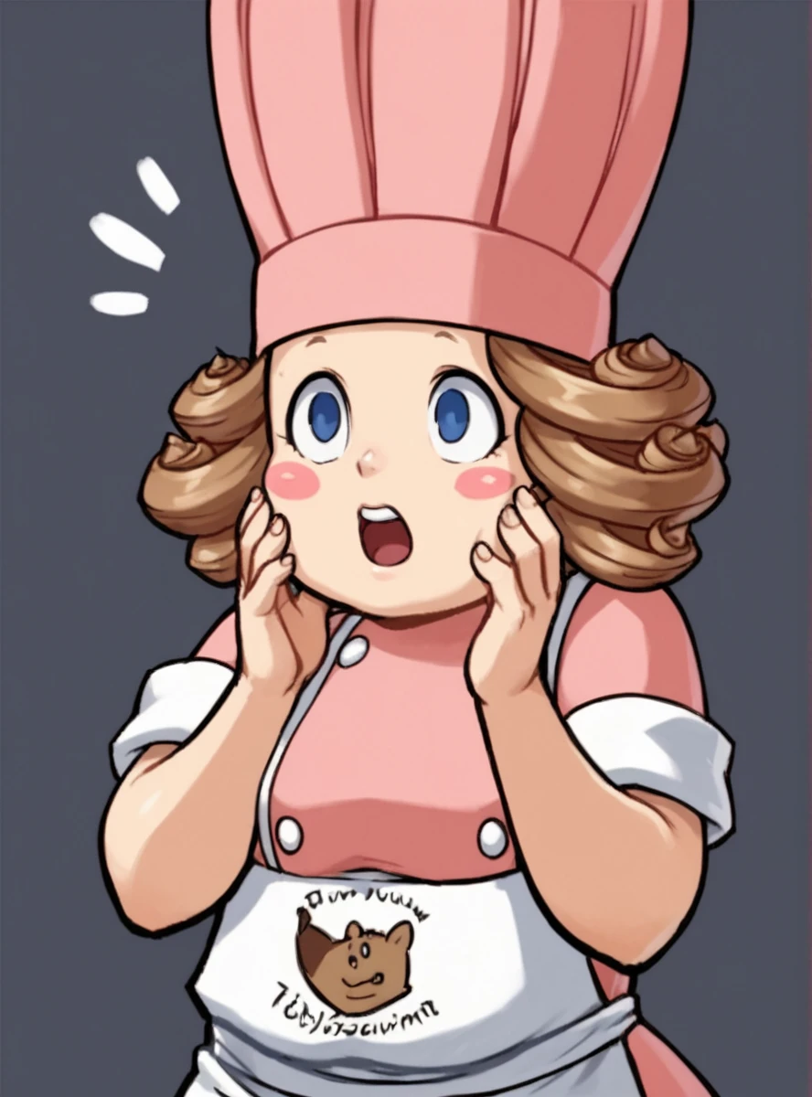 score_9, score_8_up, score_7_up, score_6_up, score_5_up, score_4_up , source_anime,  <lora:delicia:0.8>deliciascones, solo, hat, 1girl, chef hat, apron, brown hair, pink headwear, blush stickers curly hair,  upper body surprised,  white_eyes, empty eyes, hands on own face, !,