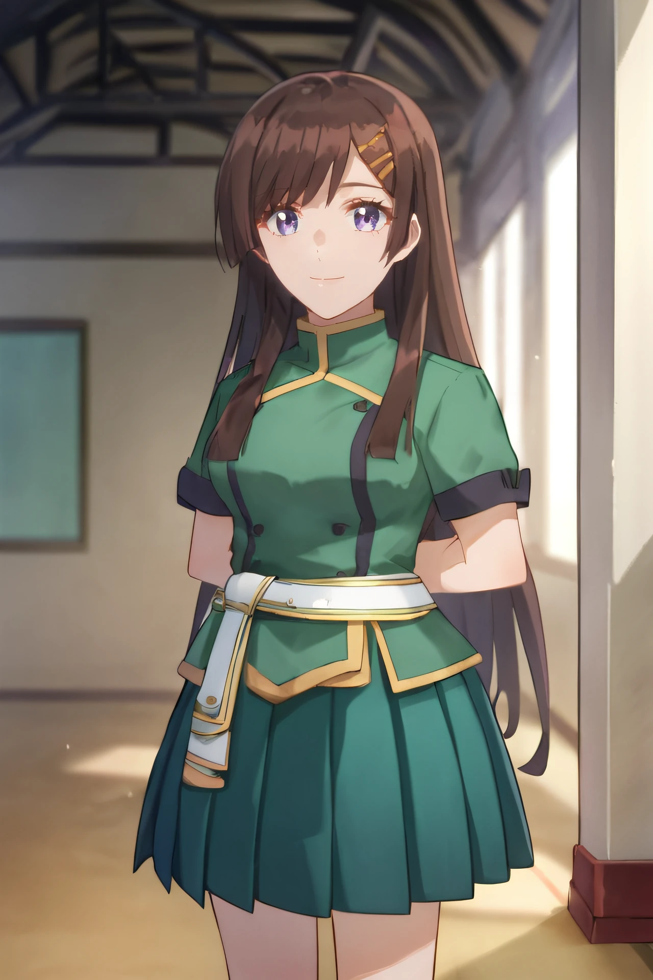 score_9, score_8_up, score_7_up, source_anime,
hibiki, 1girl, solo, long hair, looking at viewer, smile, brown hair, hair ornament, medium breasts, closed mouth, standing, grey eyes, short sleeves, pleated skirt, hairclip, white belt, indoors, light smile, green skirt, arm behind back, green shirt, 
 <lora:hibiki-10:1>