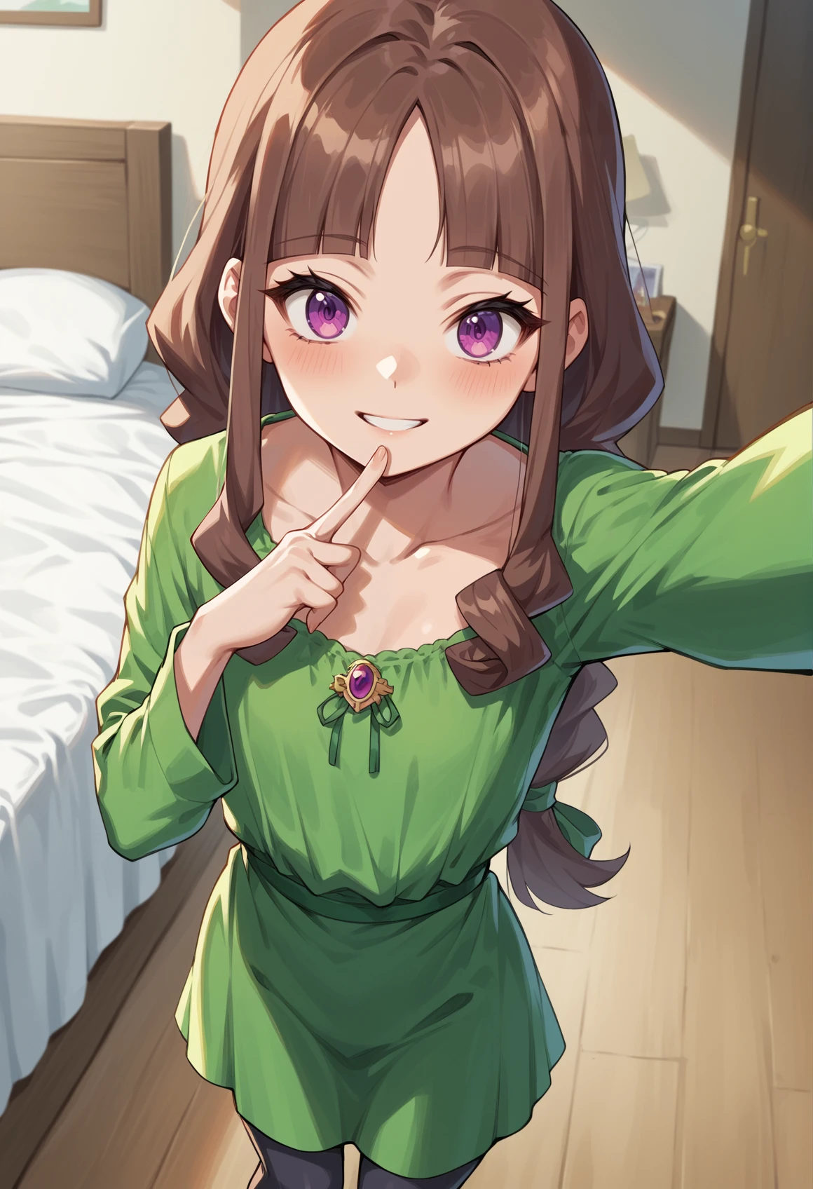 1girl, Brown hair, long hair, sidelocks, Low-Tied Long Hair, purple eyes, green dress, long sleeves, green bow, wide sleeves, leggings, , pouty lips, smile, selfie, v, hand to mouth, from above, indoors, bedroom, flat chest  <lora:Ruli_DGG_Pony:1>, score_9, score_8_up, score_7_up, score_6_up, score_5_up, score_4_up, BREAK source_anime, masterpiece