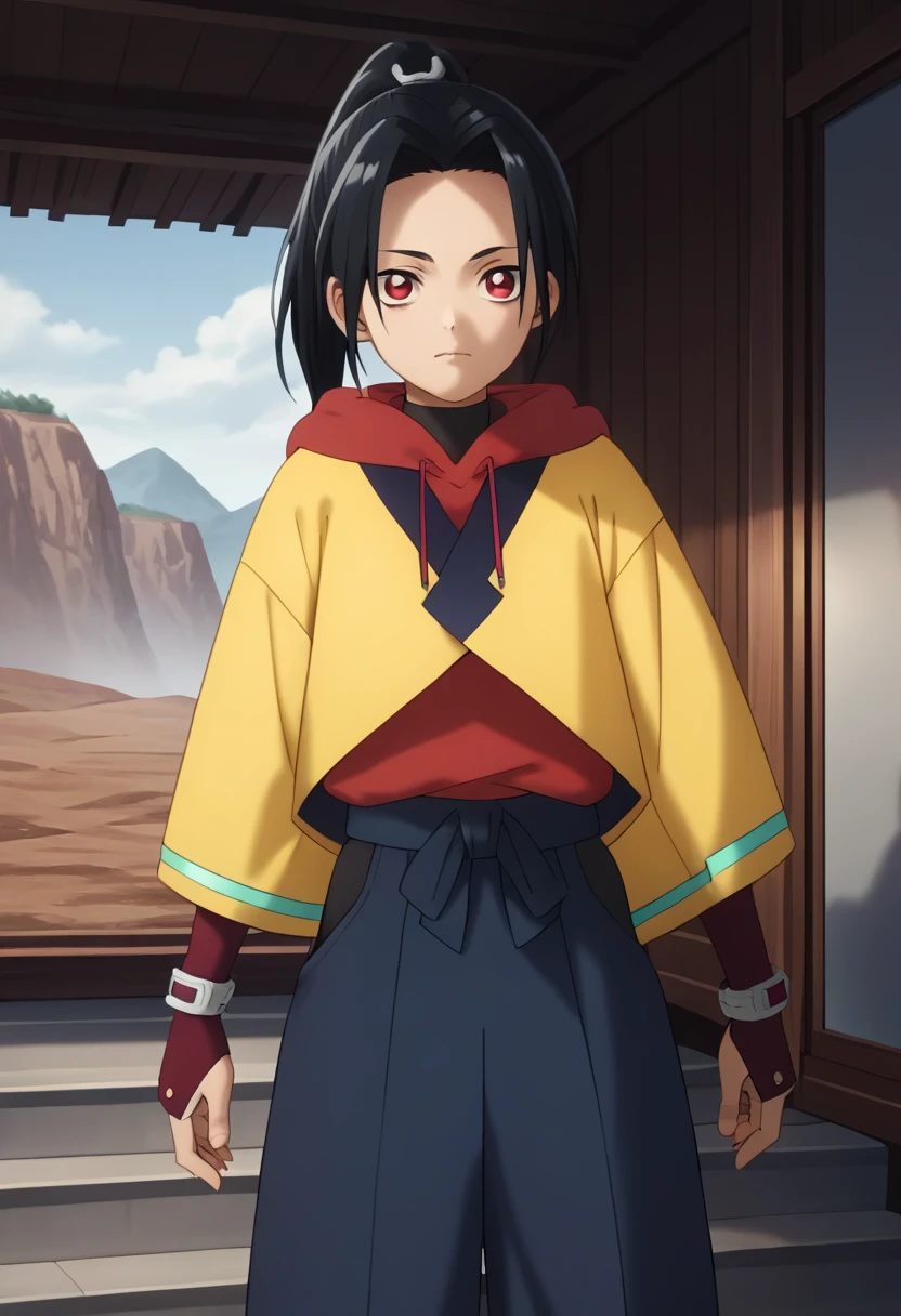 score_9, score_8_up, score_7_up, score_6_up, detailed, ,source_anime, male focus
rio_avatar, black hair, red eyes, japanese clothes, FINGERLESS GLOVES,hood down, yellow hoodie, hakama pants, ponytail, source_<lora:EMS-404686-EMS:1.000000>