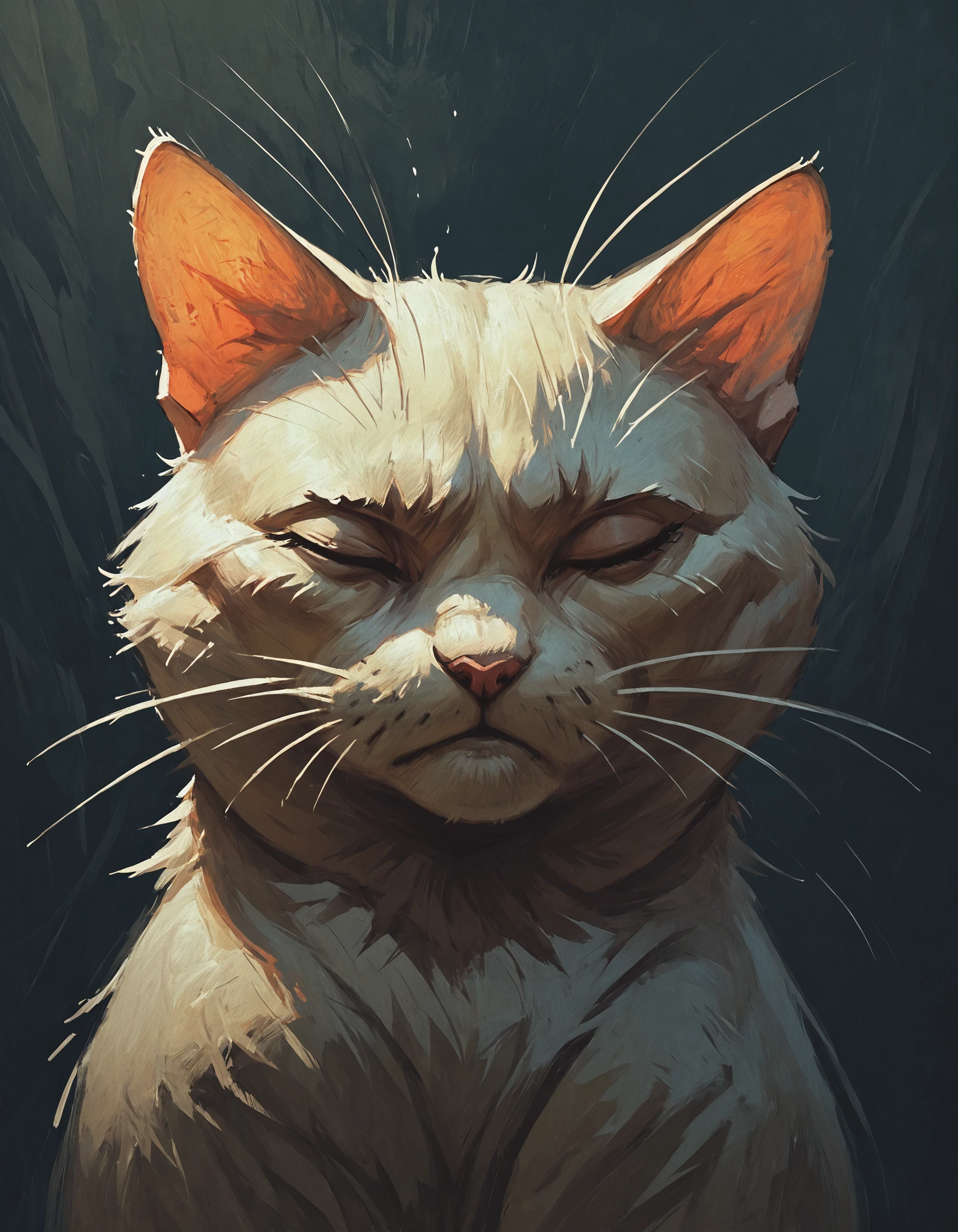 score_9, score_8_up, score_7_up, artfy, Painting of a cat with closed eyes, appearing to be asleep or sad, against a dark, abstract background. The cat has light fur with darker patches and a single tear falling from one eye. Surrounding the cat are swirling, ethereal shapes and pinkish floral elements, adding a sense of dreaminess and melancholy to the image. The overall mood is soft and contemplative.