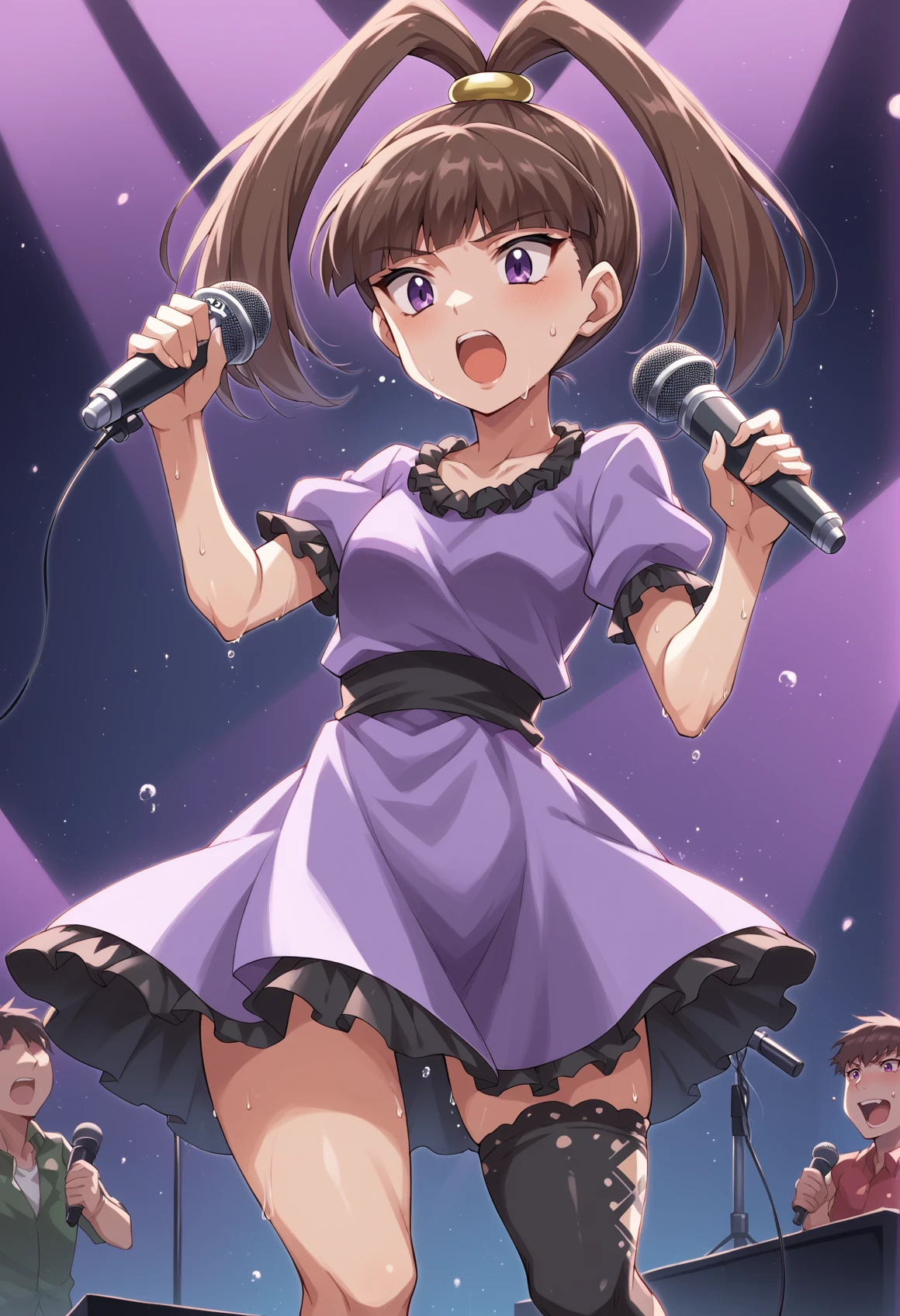 1girl, Brown hair, high ponytail, purple eyes, idol, dress, short sleeves, miniskirt, asymmetrical legwear, singing, open mouth, holding microphone, stage, sweat, glowstick, <lora:Nene__Akari_Pony:1>, score_9, score_8_up, score_7_up, score_6_up, score_5_up, score_4_up, BREAK source_anime, masterpiece