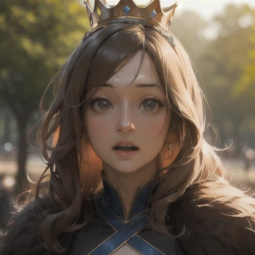 1girl, woman, ann_gir, portrait, focus on face, solo, surprised, looking at the viewer, queen, crown, outdoor background, blurry background, <lora:Anne_Girouard_-_Guenièvre_Kaamelott:1>