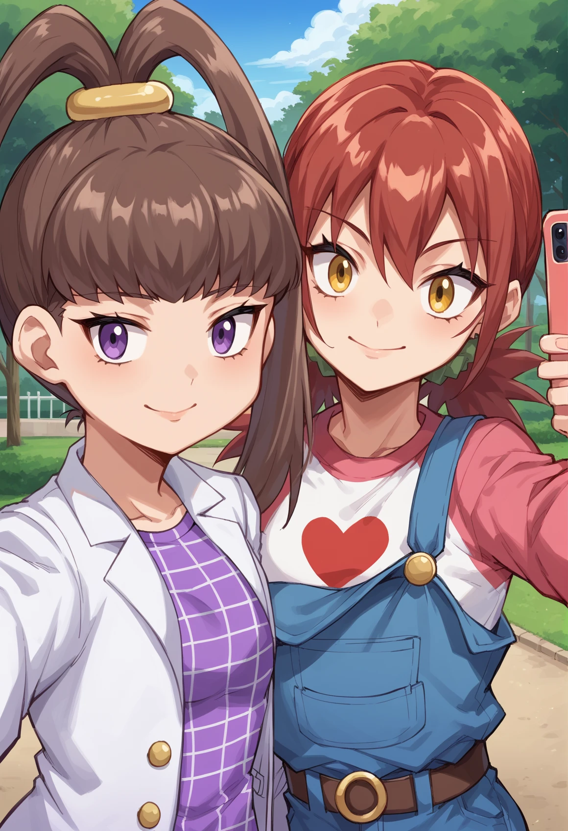 2girls, selfie, v, upper body, outdoors, park, 1girl, Brown hair, high ponytail, purple eyes, jewelry, short dress, purple dress, Pink lab coat
BREAK
2girls, selfie, v, upper body, outdoors, park, 1girl, red hair, yellow eyes, twintails, scrunchie, two-tone shirt, long sleeves, heart print, overalls, shorts, belt,
 <lora:Nene__Akari_Pony:1>, score_9, score_8_up, score_7_up, score_6_up, score_5_up, score_4_up, BREAK source_anime, masterpiece