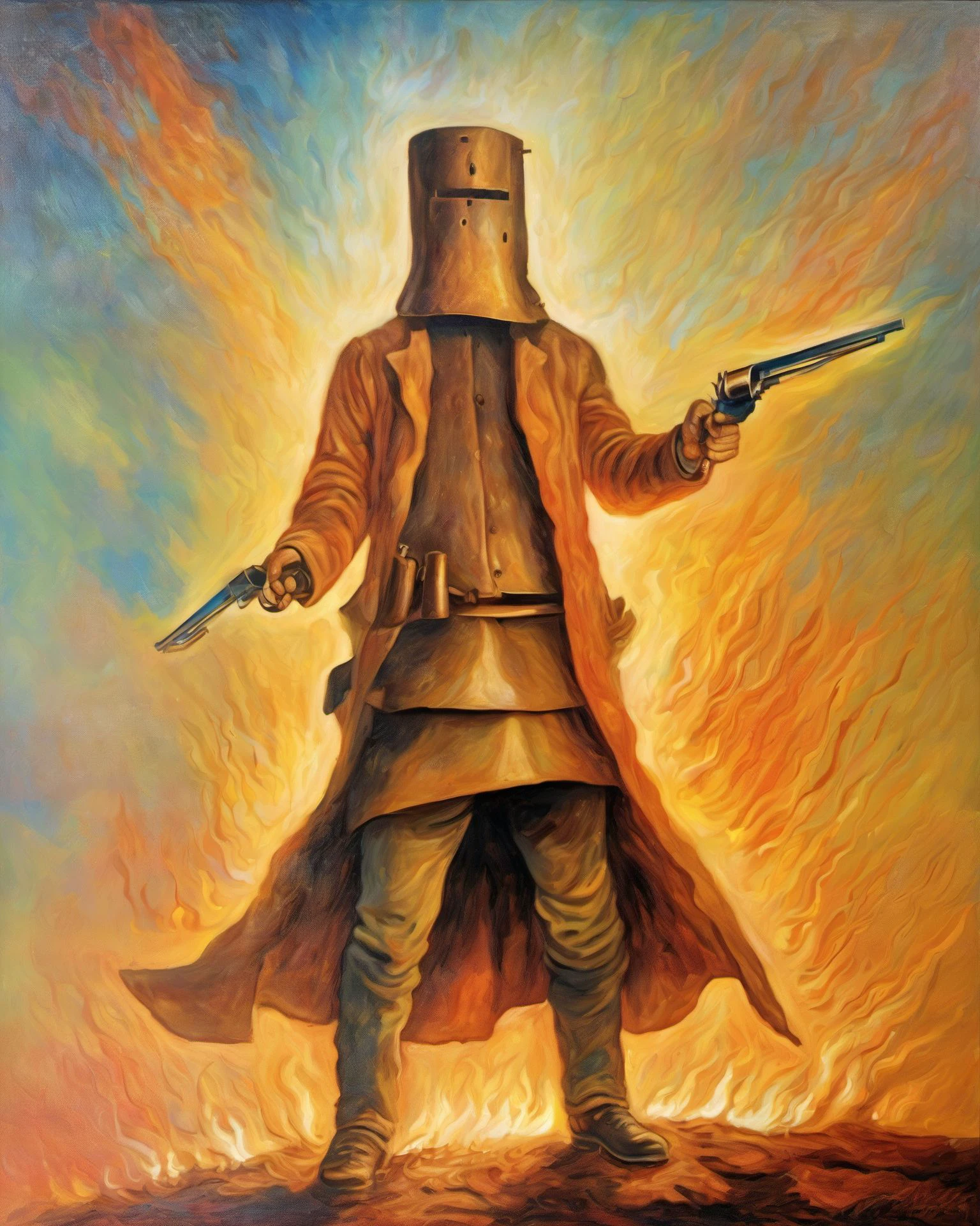 <lora:nedkelly_e10_r4_xl:0.8>,
nedkelly, a man in a battlefield, wearing trench coat, helmet, makeshift armor, lit by fire, 19th century australia, holding revolver, from below, vibrant colors, oil painting,