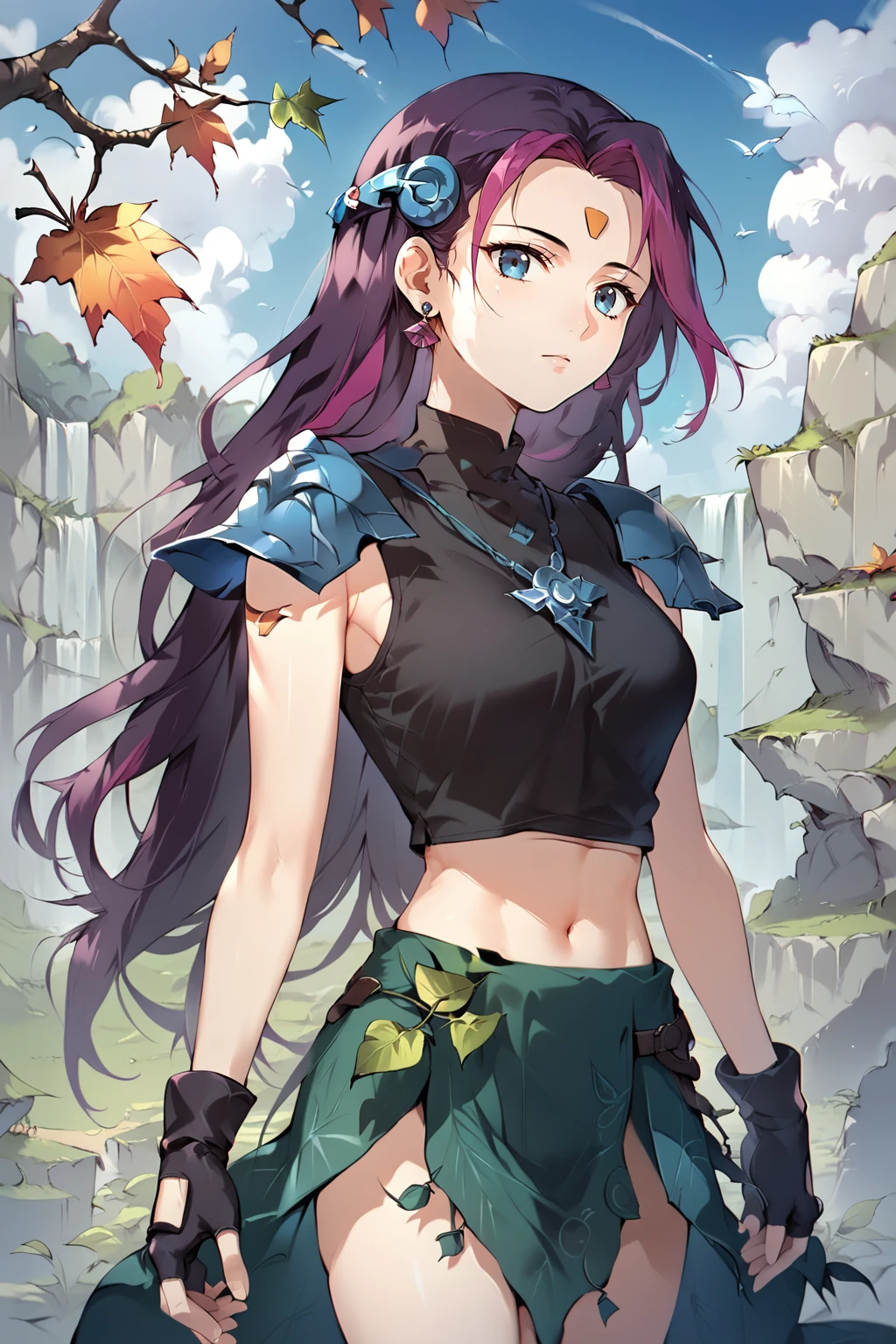 score_9, score_8_up, score_7_up, score_6_up, score_5_up, score_4_up, source_anime, cowboy shot, solo, outdoors, ea, purple hair, two-tone hair, long hair, hair ornament, forehead mark, blue eyes, jewelry, earrings, shoulder armor, black shirts, sleeveless, midriff, fingerless gloves, leaf skirt, <lora:Eapony:0.85>, <lora:Concept Art Eclipse Style LoRA_Pony XL v6:0.6>