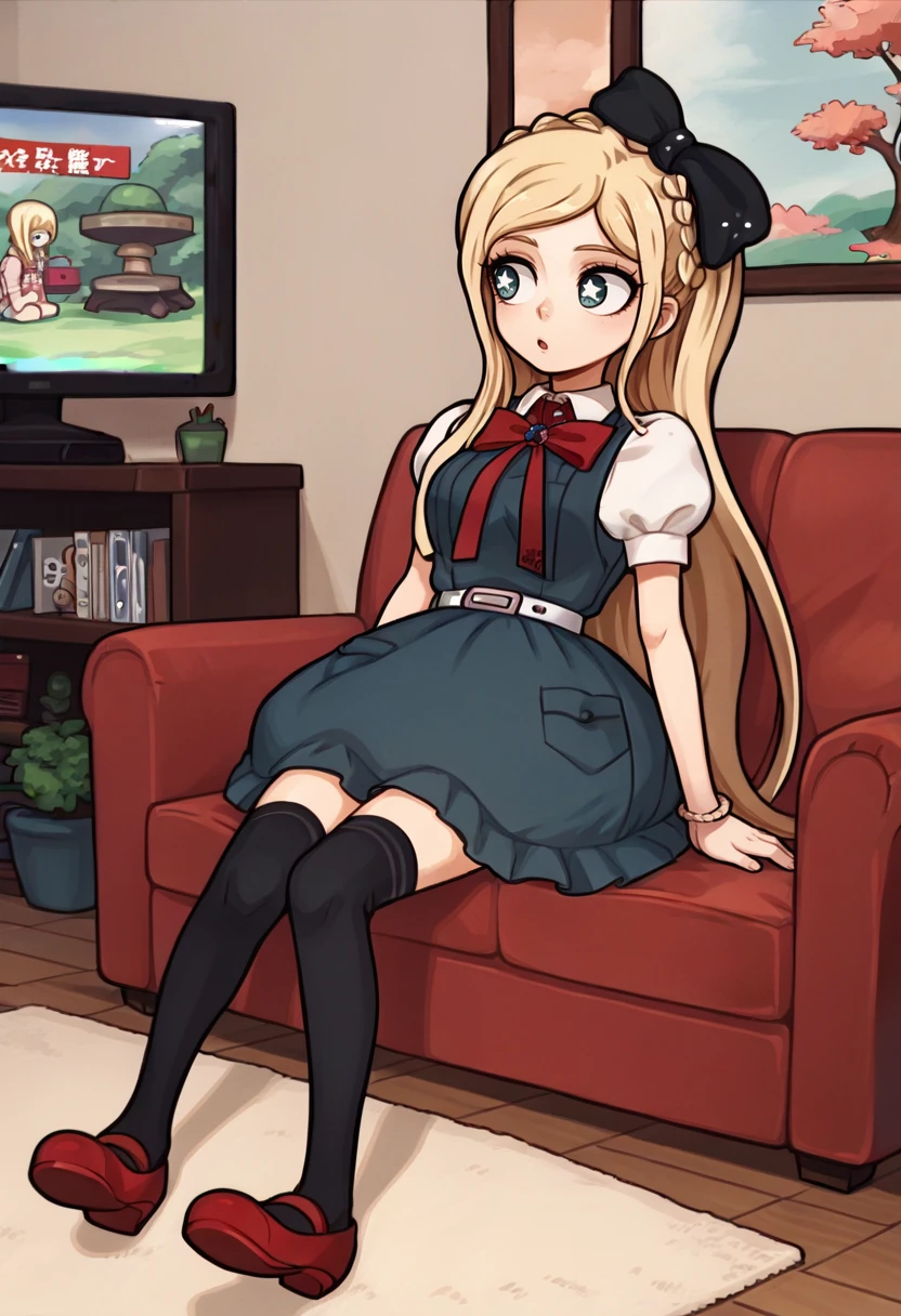 score_9, score_8_up, score_7_up, source_anime, 1girl, sitting, looking to the side, watching television, chestnut mouth, star-shaped pupils, BREAK <lora:SoniaDR-pdxl:1> defSonia, long hair, crown braid, hair bow, black bow, pinafore dress, red bowtie, puffy short sleeves, medium breasts, white belt, bracelet, thighhighs, shoes, red mary janes, indoors, couch, television, japanese text, bonsai