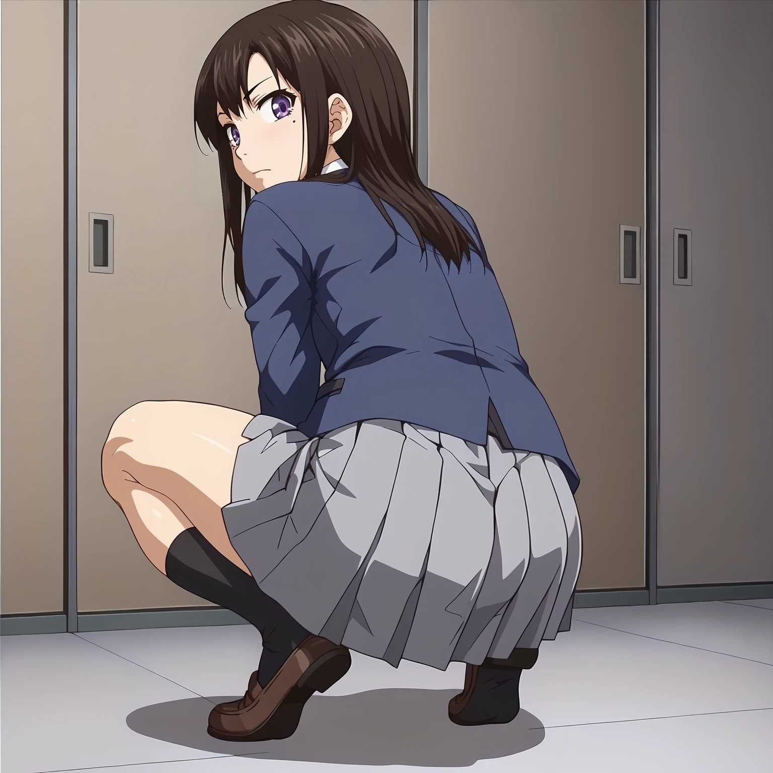 <lora:HajimeHatorishimaXLpony001>,
solo,
HajimeHatorishima,1girl,black brown hair,long hair,purple eyes,
one mole,
school_uniform,blue jacket,
pleated_skirt,gray skirt,
black socks,
full body,squatting,looking back,