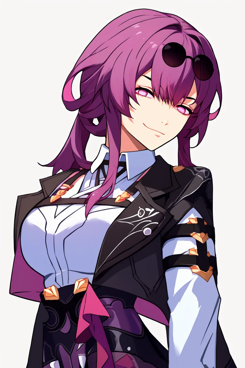 score_7_up, score_6_up, source_anime, 1girl, <lora:kafka-pdxl-nvwls-v1-000005:1> hsrkf, purple hair, purple eyes, blank eyes, ponytail, sunglasses on head, black jacket, collared shirt, white shirt, long sleeves, high-waist shorts, black shorts, purple gloves, black shorts, purple straps, thigh straps, <lora:zs_ZeroAzurePortraitsXL:1.2> zeroazureportraits, solo, upper body, simple background, upper body, 1girl, smirk, white background, large breasts