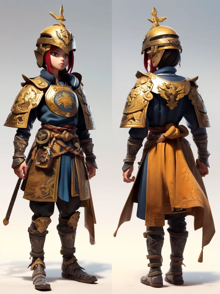 2D Character Concept Design, A warrior, armor, helmet, boots, whole body, watching the audience, standing, standing on a circular base, (generating three views: 1.5, that is, front view, side view and back view,) the ratio of head to body is 1:3, clean background, highest quality, masterpiece, and detailed details.