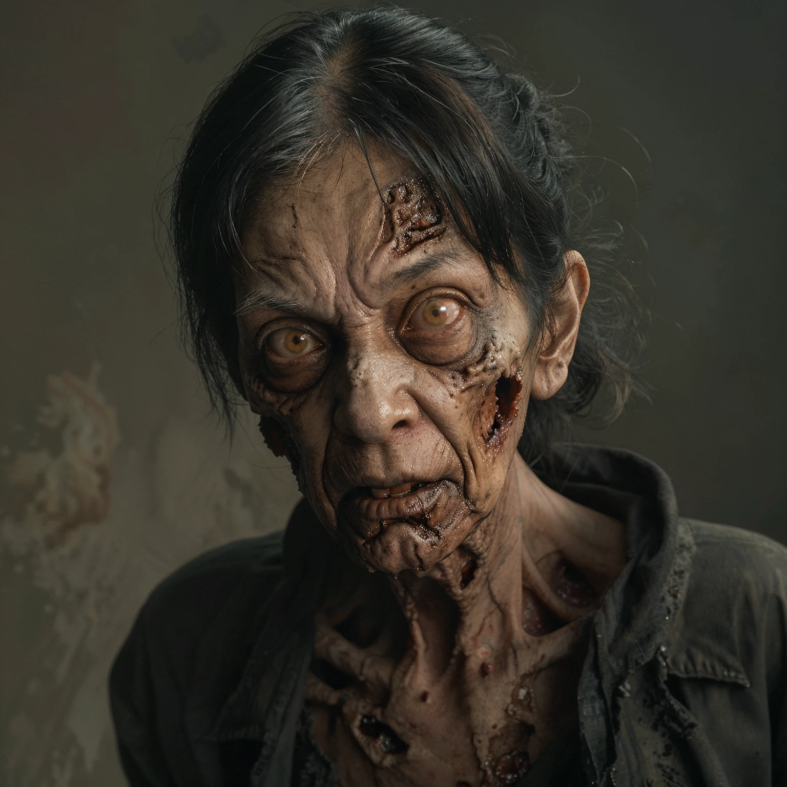 a Asian, 60Yo female with a Oblong shaped face, Angular features,Athletic body ZsTheUndead, raw photo, burned zombie, dead eyes, blood, gaping mouth, rotten teeth, biting, ripped clothing, decomposed <lora:ZsTheUndead2:1>, brilliant, super detailed perfectly centered concept art,16K, HDR, sharp focus, Low key lighting, in the style of N.C. Wyeth, Moebius and Simon Bisley artstyle