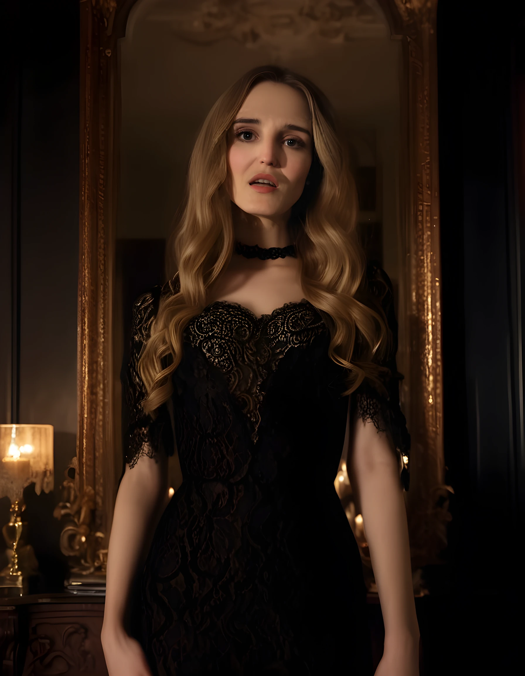 In a dimly lit, opulent Victorian-era study, CF1n3M, a captivating woman with long, cascading blonde and brown hair, stands before an ornate, antique mirror. Dressed in a sleek, form-fitting black dress adorned with intricate lace detailing, she strikes a seductive pose, her lips parted as if ready to speak, her gaze locked onto the viewer's soul. The camera angles from below, capturing the depth of her striking eyes and the allure of her dark, smoky makeup, while the warm candlelight casts dramatic shadows across the room, heightening the mysterious and sensual atmosphere.