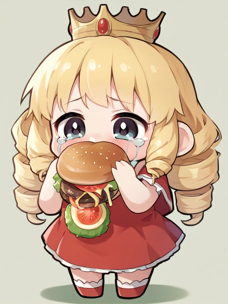 <lora:Burger_Malfunction-PonyXL-1024px:0.8>
score_5_up, score_6_up,
1girl, solo, chibi, crying,  eating, holding food, burger, burger_malfunction, long hair, blonde hair, drill hair, wearing red dress, crown,
tomato, cucumber, messym bacon, ketcup, mustard, salad