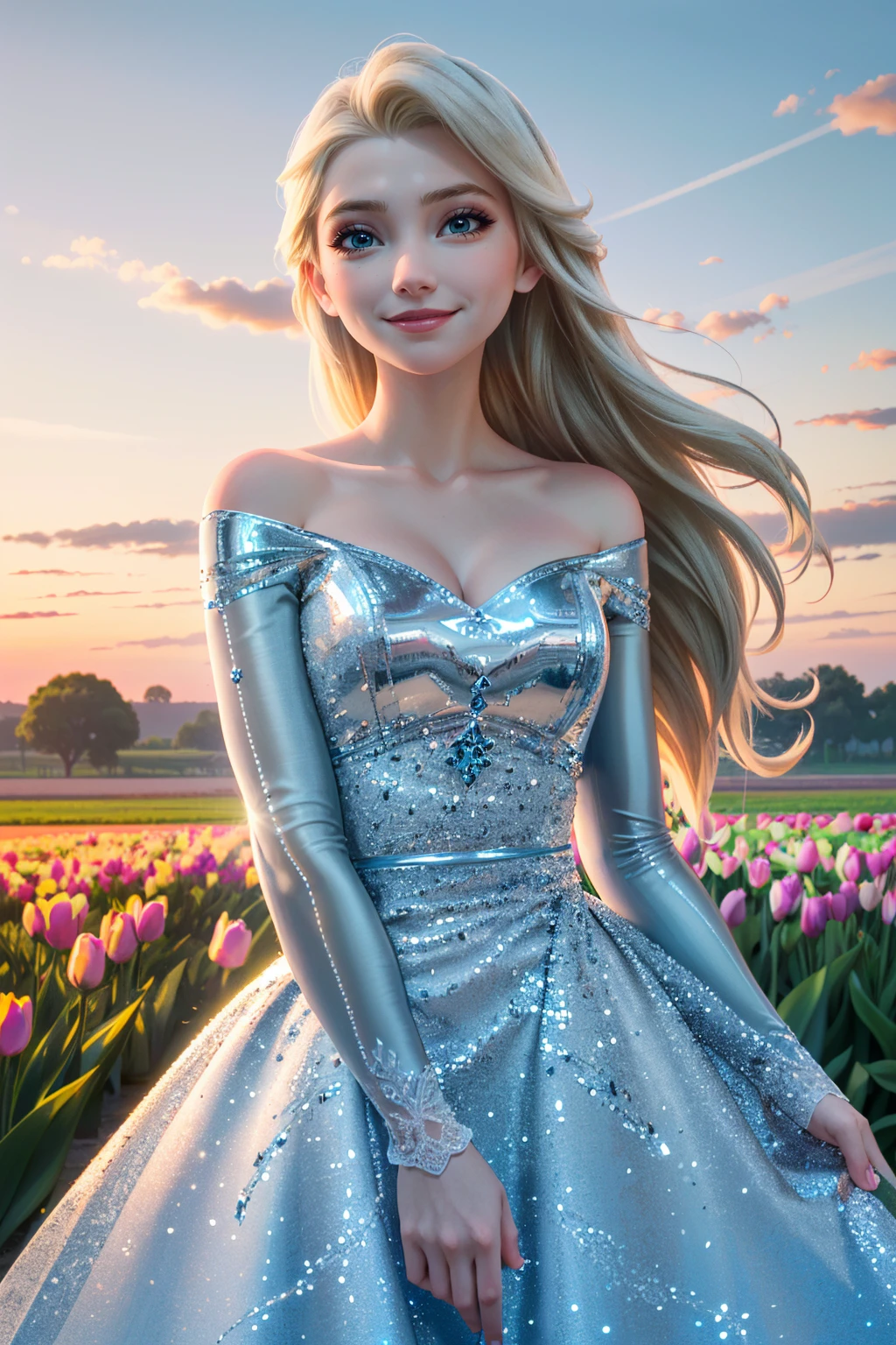 ((ultra detailed, masterpiece, absurdres))
 <lora:DisneyElsa:0.8>
DisneyElsa, 1girl, long hair, blonde hair, in a field of tulips, golden hour, elegant dress, smiling