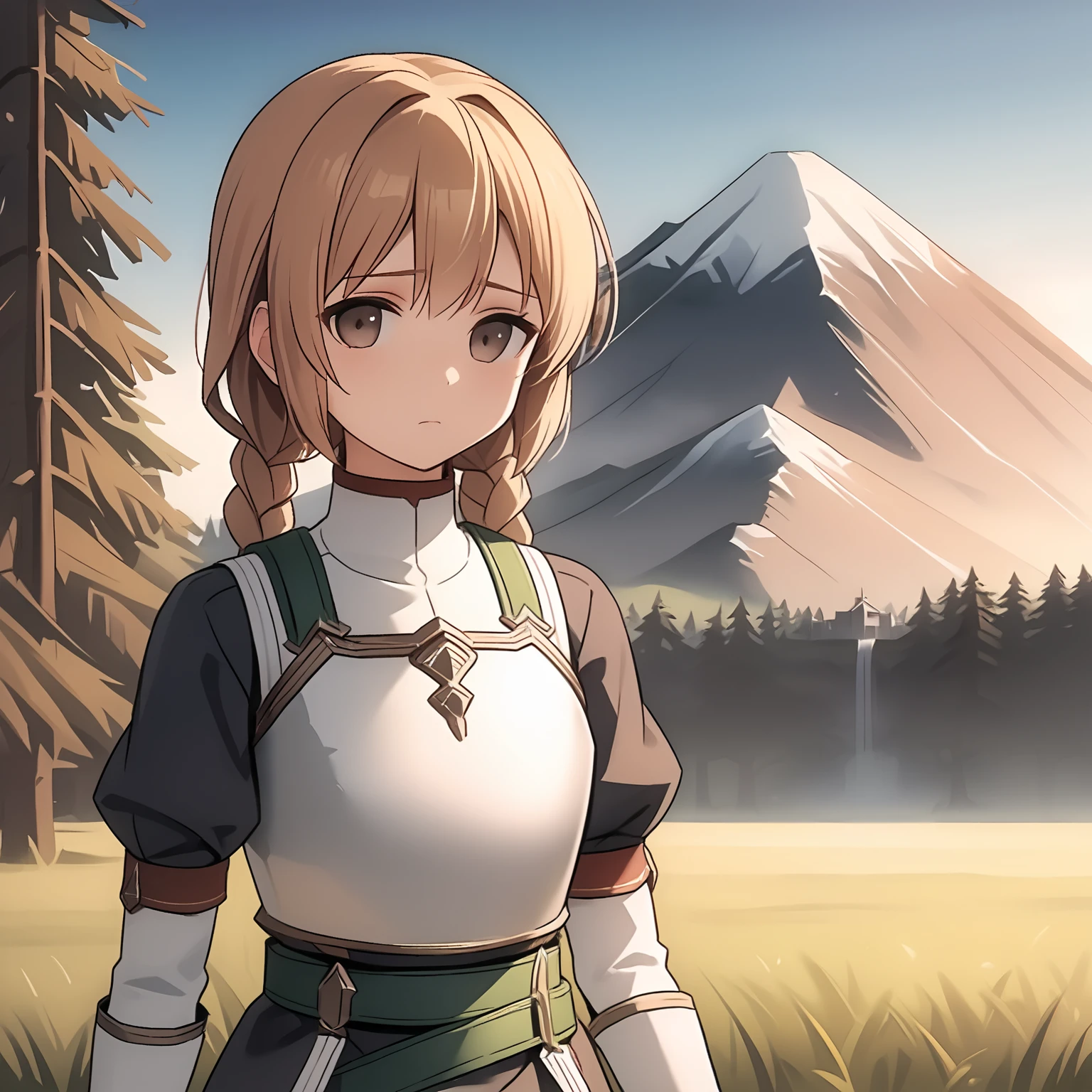 linel, score_9, source_anime, pafc, 1girl, breastplate, (dress, purple juliet sleeves, red ribbon around neck, gentle gray eyes, [blonde:brown:0.5] hair:0.6), forest, looking at viewer, facing right, outdoors, pine tree, green belt, grass, mountain background, steepled fingers, distant building, sad eyes