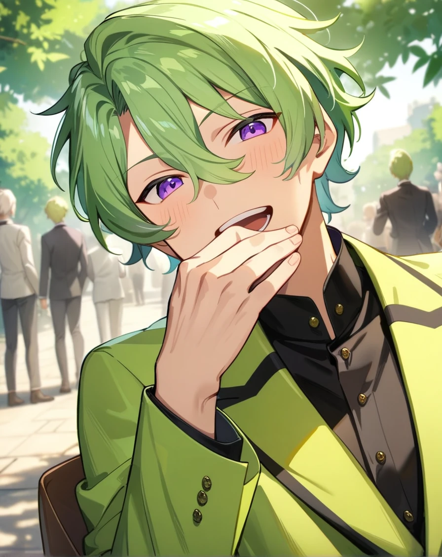 1boy, solo, male only, male focus, portrait, upper body, <lora:hiyori_tomoe_sdxl_lora:1>, (tomoe hiyori, green hair, short hair, hair between eyes, bangs, purple eyes), suit, dress pants, outdoors, looking at viewer, open mouth, covering mouth,  masterpiece, best quality, very aesthetic, absurdres, very detailed, sensitive, <lora:Lightning-8:0.5>