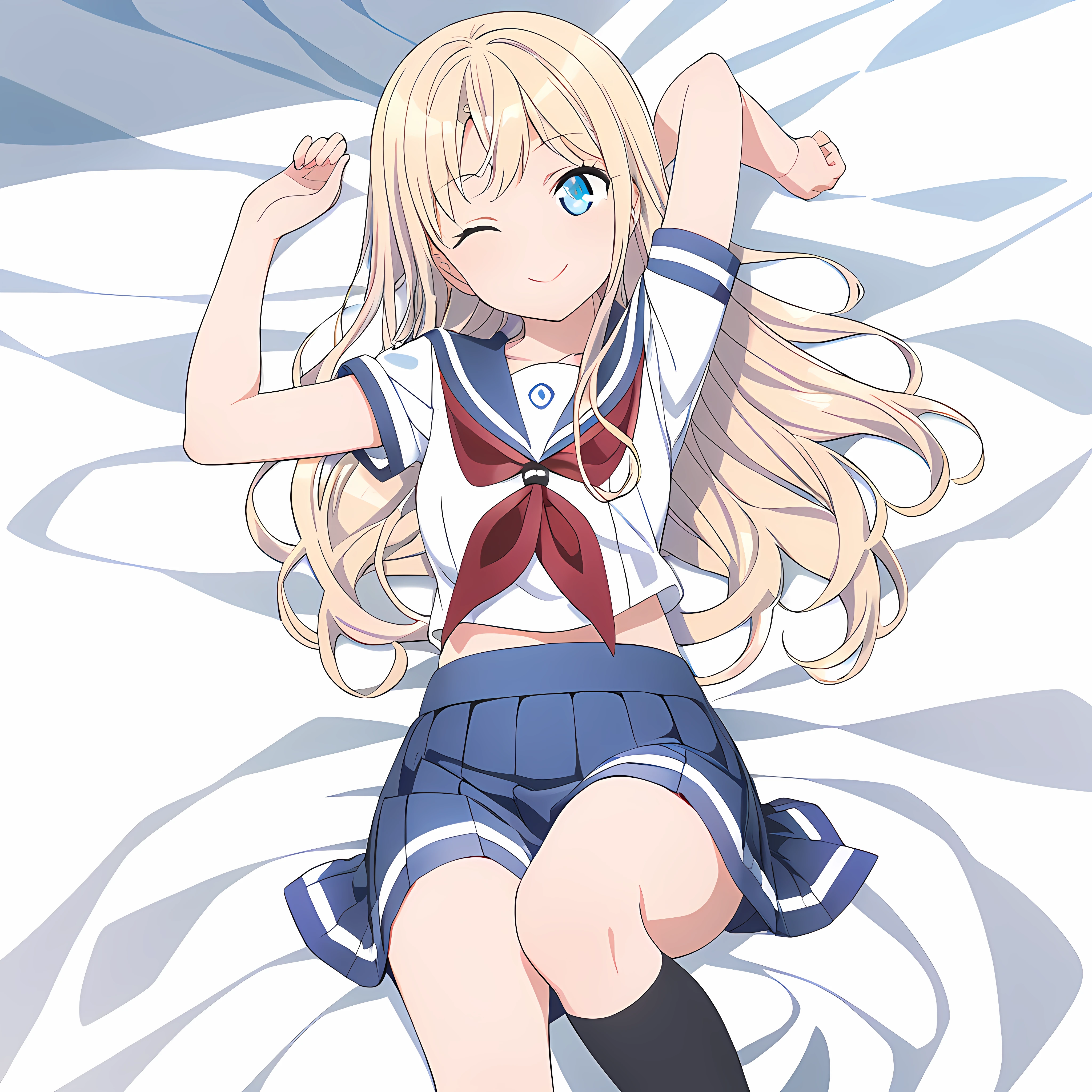 masterpiece,nfsw,hotel room,
wilhelmina, (1girl), (solo), (smile), (serafuku), (closed mouth), (full body), (one eye closed), (on back), (looking at viewer), (arm up), (blue skirt), (kneehighs), (bed sheet), (;),