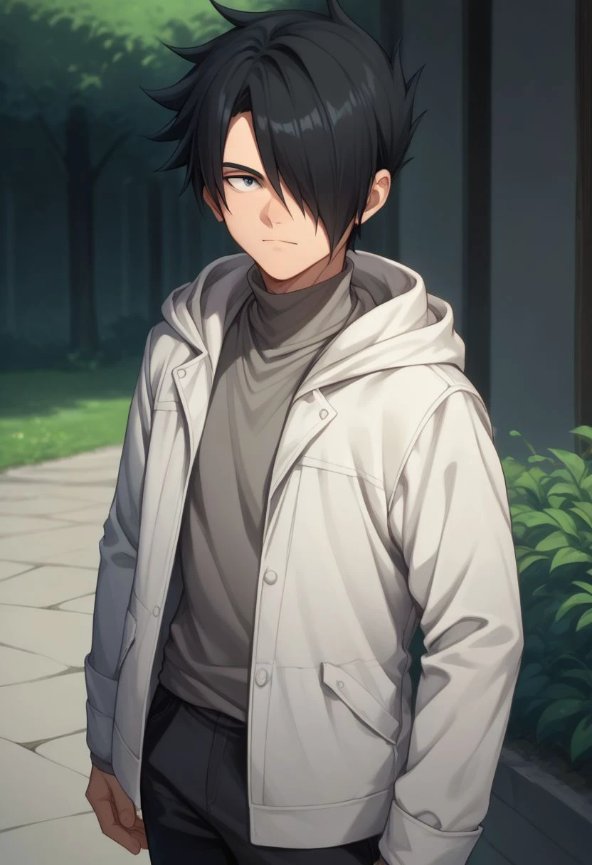 score_9, score_8_up, score_7_up, source_anime, highly detailed, 
ray, 1boy, black hair, hair over one eye, male focus, black eyes, looking at viewer,  jacket, turtleneck, hood, hood down, black pants, 
outdoor,