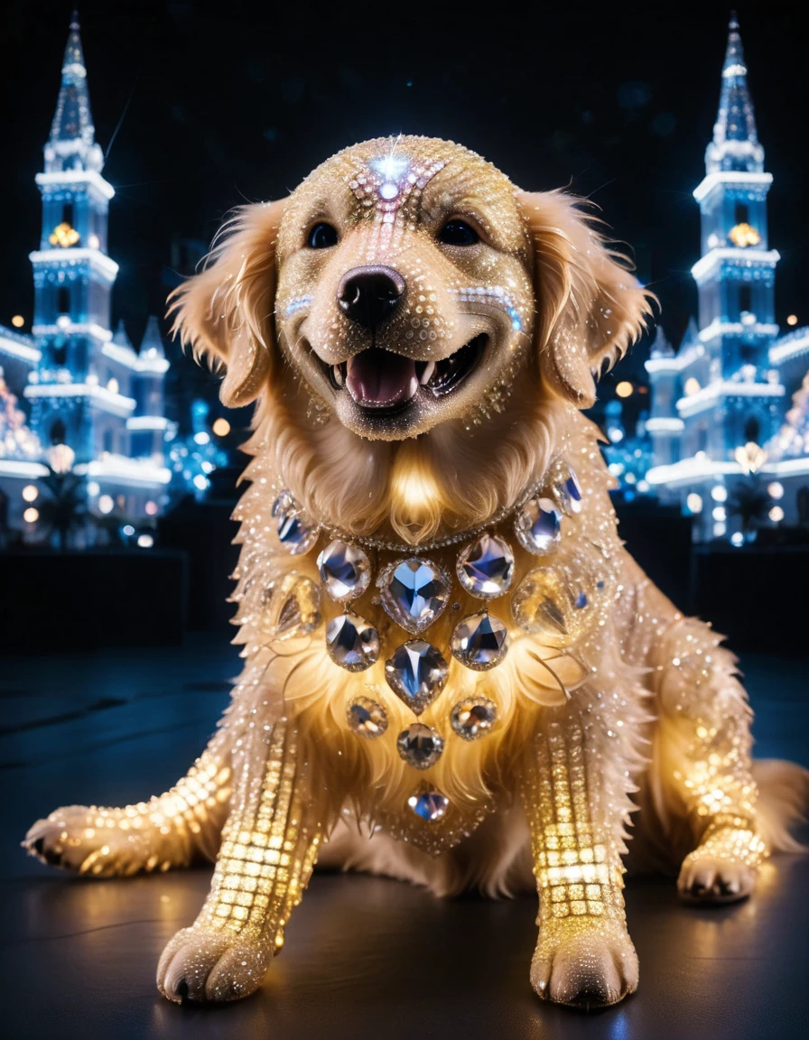 made out of ral-swarcrystl, Raw digital photo, 3/4 view of a Golden Retriever of Terror, the Golden Retriever is Happy, Cyberpunk Art, spotlight, Long exposure, Nikon d3300, Depth of field 270mm, Provia, <lora:ral-swarcrystl-sdxl:0.75>, magical composition, ambient background, glowing, complex artistic color composition, modified, very coherent, fantastic aesthetic, winning