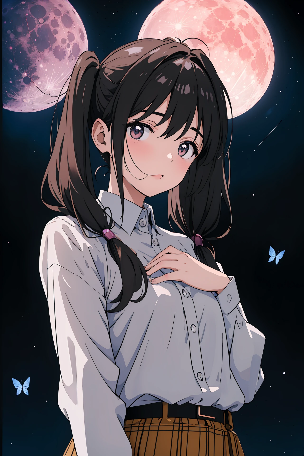 (masterpiece,best quality,absurdres),1girl,solo,uneven twintails,shirt_pull,upper body,looking at viewer,sideways glance,tamron sp 85mm,dynamic_angle,tile floor,pink moon,some butterflies are flying,flying glowing butterfly,night sky,a lot of space,
<lora:hair in mouth_bx-v2.10:1>,