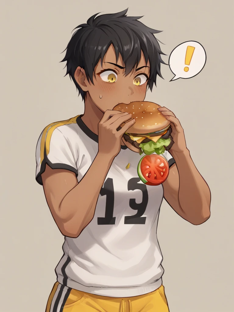 <lora:Burger_Malfunction-PonyXL-1024px:0.8>
score_5_up, score_6_up,
1girl, solo, standing,  eating, holding food, burger, burger_malfunction, dark-skinned female, wearing sportswear, black hair, short hair, yellow eyes, spoken_exclamation_mark,
tomato, cucumber, messym bacon, ketcup, mustard, salad