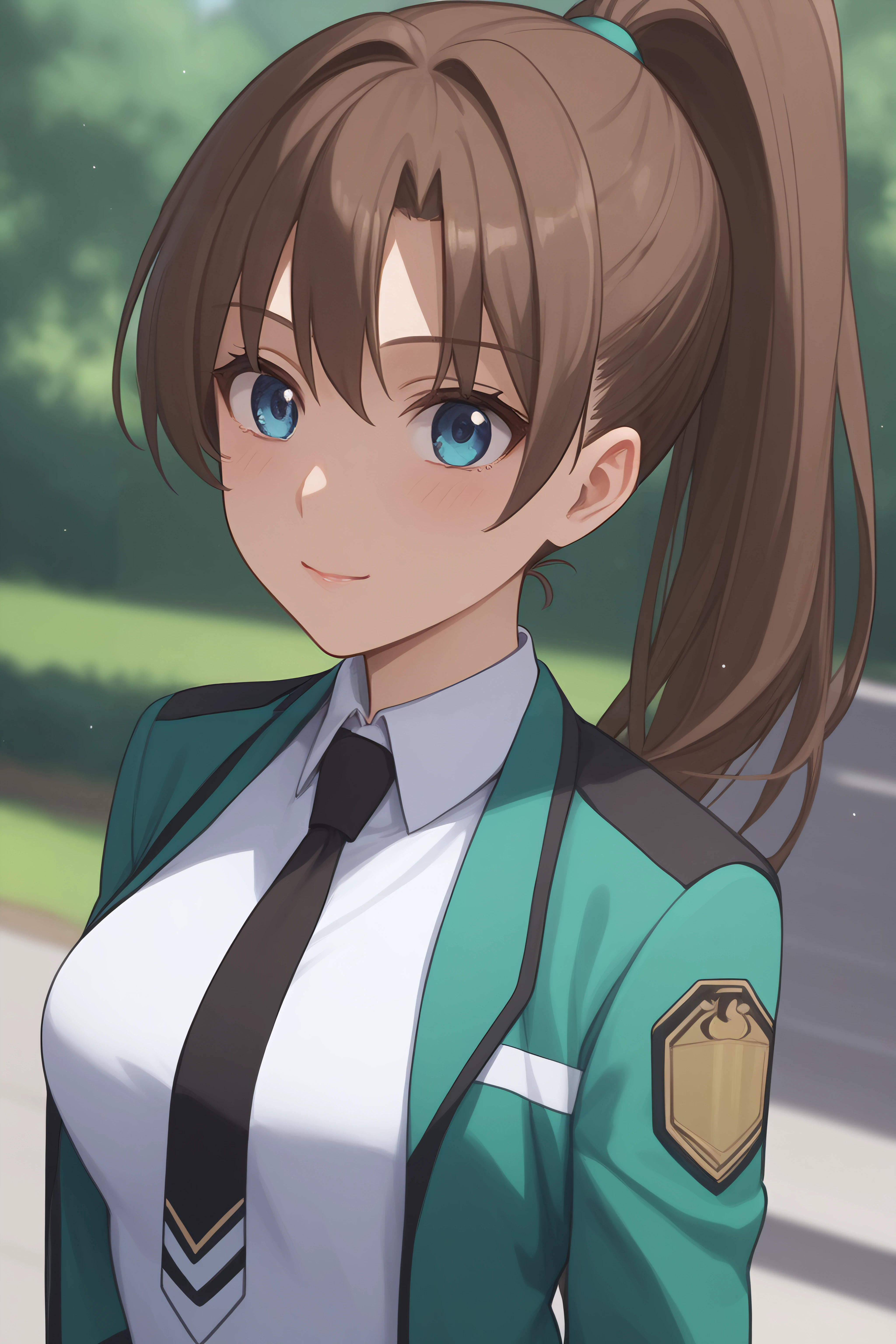 score_9, score_8_up, score_7_up, BREAK source_anime, <lora:sayaka mibu-PonyXL-lora-Faxtron:0.8> sayaka mibu, blue eyes, brown hair, high ponytail, medium breasts, cropped green jacket, white dress, necktie, pantyhose,