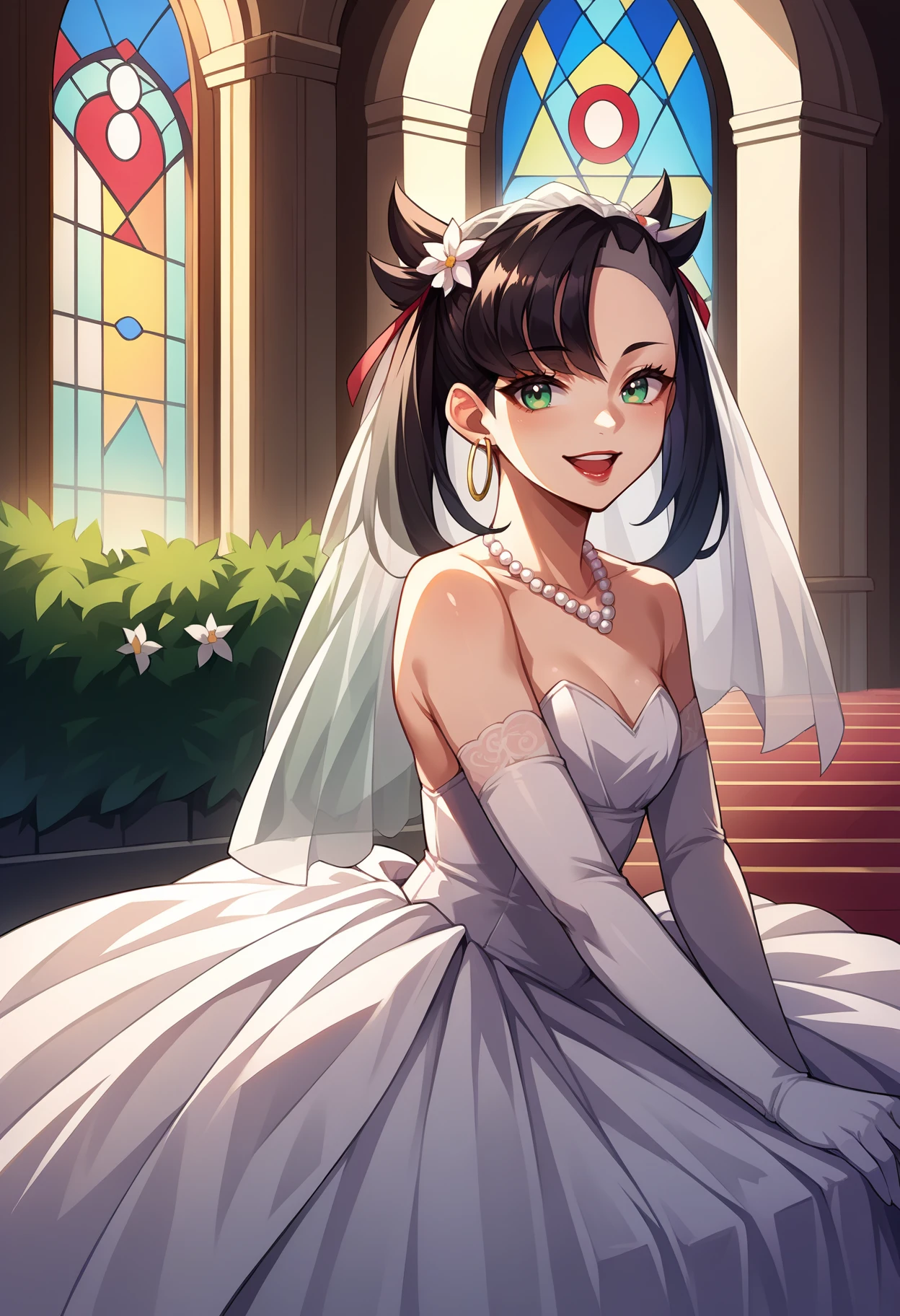 score_9, score_8_up,score_7_up, source_anime, rating_safe, 1girl, solo, <lora:EPpkMarnie:1>, black hair, hair ribbon, green eyes, twintails, asymmetrical bangs, red ribbon, 
Mary,
 hoop earrings, red lips,  bride, wedding dress, bridal veil, white dress, hair ornament, white flower, pearl necklace, indoors, church, pillar, bush, sitting, from side, arm support, elbow gloves, white gloves, long dress, jewelry, arch, smile, open mouth