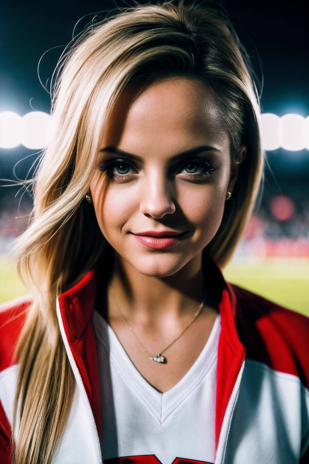 MenaS_SoloTI_v1,
(happy,smile), (In a red cheerleader outfit, with a white sweater, for an energetic and captivating look), ((A high school football field in the evening, with stadium lights illuminating the scene, vibrant atmosphere)), (seductive:1.3),(analog, cinematic, film grain, hazy atmosphere, cinematic shot:1.3),
<lora:add_detail:0.8>, PA7_Portrait-MCU