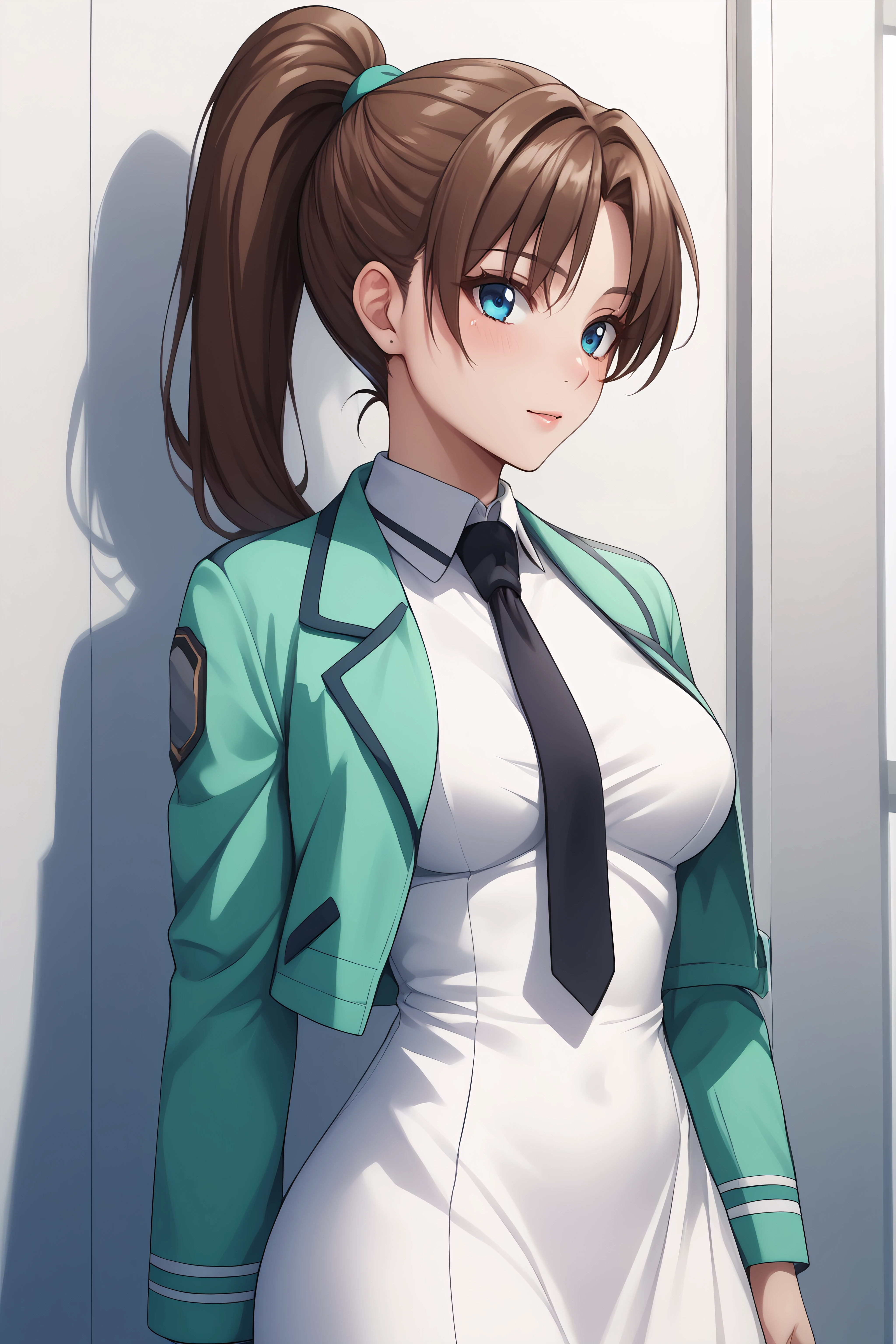 score_9, score_8_up, score_7_up, BREAK source_anime, <lora:sayaka mibu-PonyXL-lora-Faxtron:0.8> sayaka mibu, blue eyes, brown hair, high ponytail, medium breasts, cropped green jacket, white dress, necktie, pantyhose,