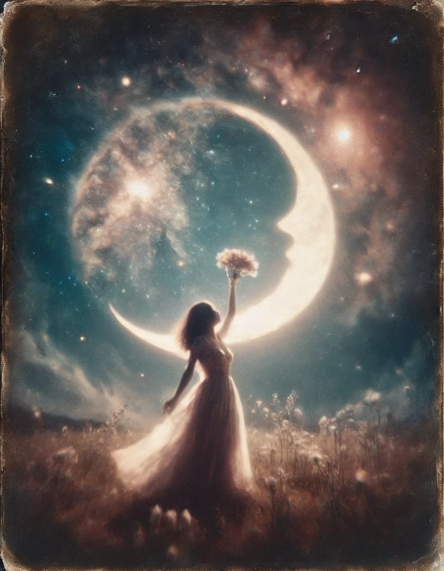 a girl in a long dress with flowers twirling in front of the ethereal bright nebula night sky crystal glass moon