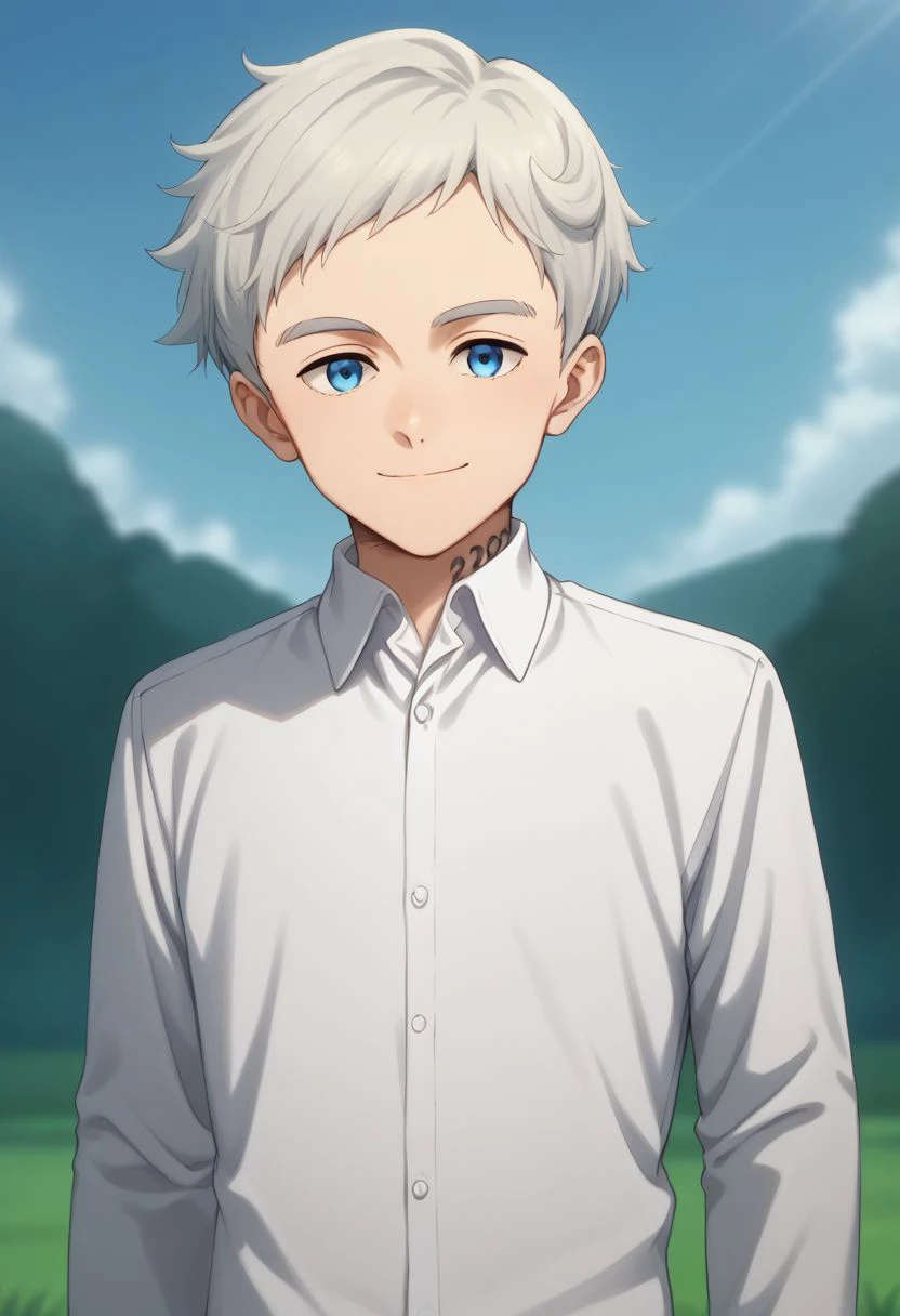 score_9, score_8_up, score_7_up, source_anime, highly detailed, 
norman, 1boy, blue eyes, male focus, shirt, solo, white shirt, white pants, smile, looking at viewer, upper body, collared shirt, grey hair, short hair, closed mouth, number tattoo, neck tattoo,
outdoor, grass, sky,