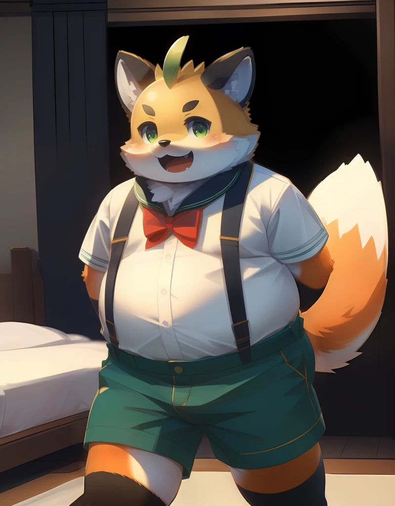 (((detailed eyes, detailed face))), (furry, iyo <lora:character_iyo_findigo_v2:1>, two-tone fur, ahoge, fox boy, snout, green eyes), male, (solo), (plump, fat, chubby, overweight), (white shirt, sailor collar, green shorts, suspenders), standing, (arms behind back), smile, (front view) BREAK (konzaburou, ukan_muri), bedroom, (flat shading, flat color, high brightness), 8k, UHD, masterpiece, (full body)