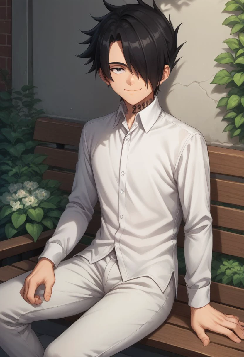 score_9, score_8_up, score_7_up, source_anime, highly detailed, 
ray, 1boy, black hair, hair over one eye, male focus, shirt, white shirt, black eyes, looking at viewer, collared shirt, white pants, brown shoes, closed mouth, neck tattoo, number tattoo, smile,
outdoor, garden, wall, brick, sit, bench,