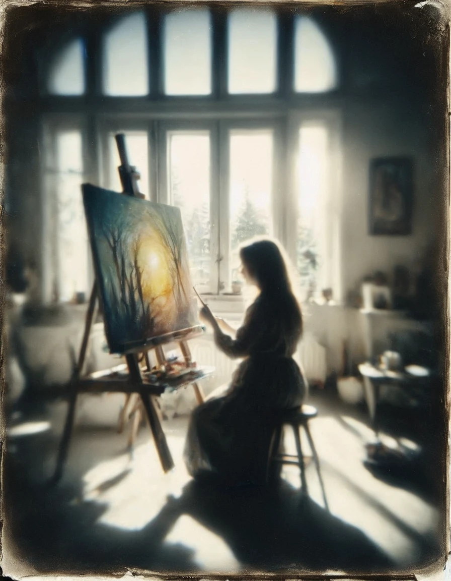 an artist at work painting on her canvas easel magical worlds glowing magical energies in front of a bright window warm daylight streaming inside