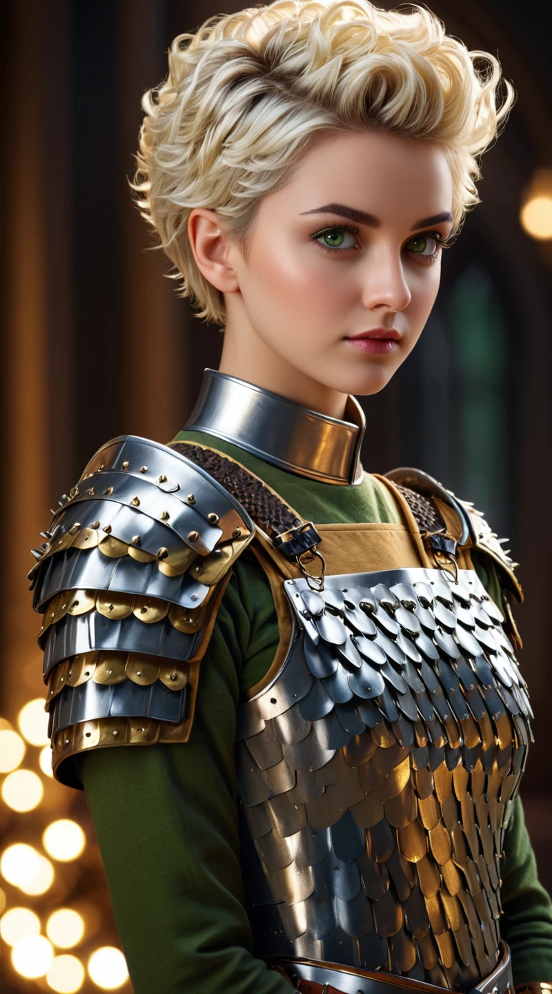 <lora:Scale_Armor-000008:0.8> ((A cute feminine blonde female knight, wearing scale armor, scales, SCLARMR, lamellar armor, green eyes, pompadour long spiked buzz haircut, curly very short hair, looking at viewer)), masterpiece, absurdres, high resolution 4K high quality image, , fine-detail, insane details, maximalist, depth of field, bokeh, vanishing point, 4K resolution, 8k, 16k, UHD, Bokeh, amazing details, Sharp, diffused light, tilt-shift, depth of field, 4K resolution, amazing lighting, hyper-realistic accurate shadows, beautiful, amazing details, vivid rich colors, detailed, intricate background, alluring, masterpiece, amazing details, Sharp, trending on Artstation, trending on CGSociety, dramatic lighting, cinematic, rule of thirds, sharp focus, intricate details, amazing lighting, depth of field.