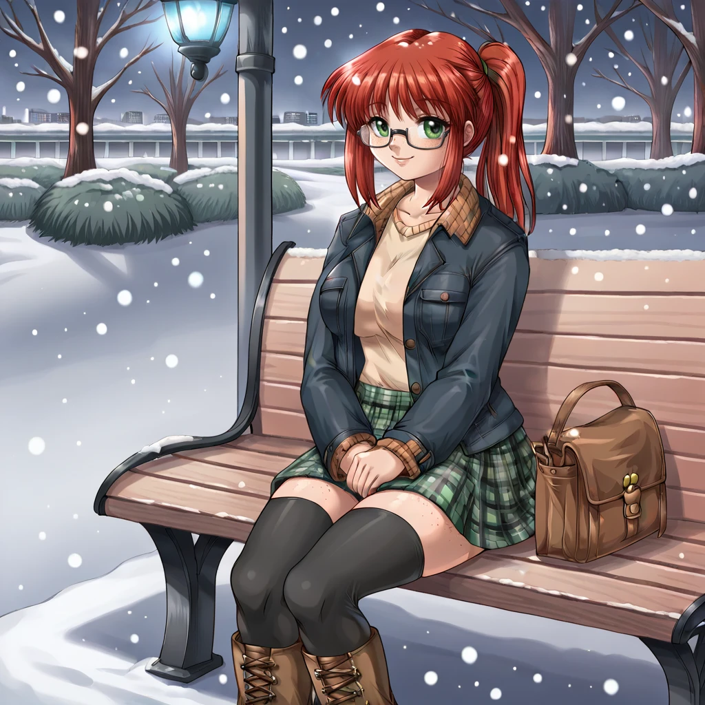 score_9,  woman, solo, <lora:Hinoue_Itaru_Artstyle_-_PonyXL:1>  city park, bench, snow, snowing, smile, winter clothing, sitting,  <lora:Bandi_XL:0.7> bandi, red hair, glasses, freckles, ponytail, side bangs, side_locks, sidelocks, green eyes, large breasts, tartan skirt, jacket, shirt, boots, long black socks, thighhighs