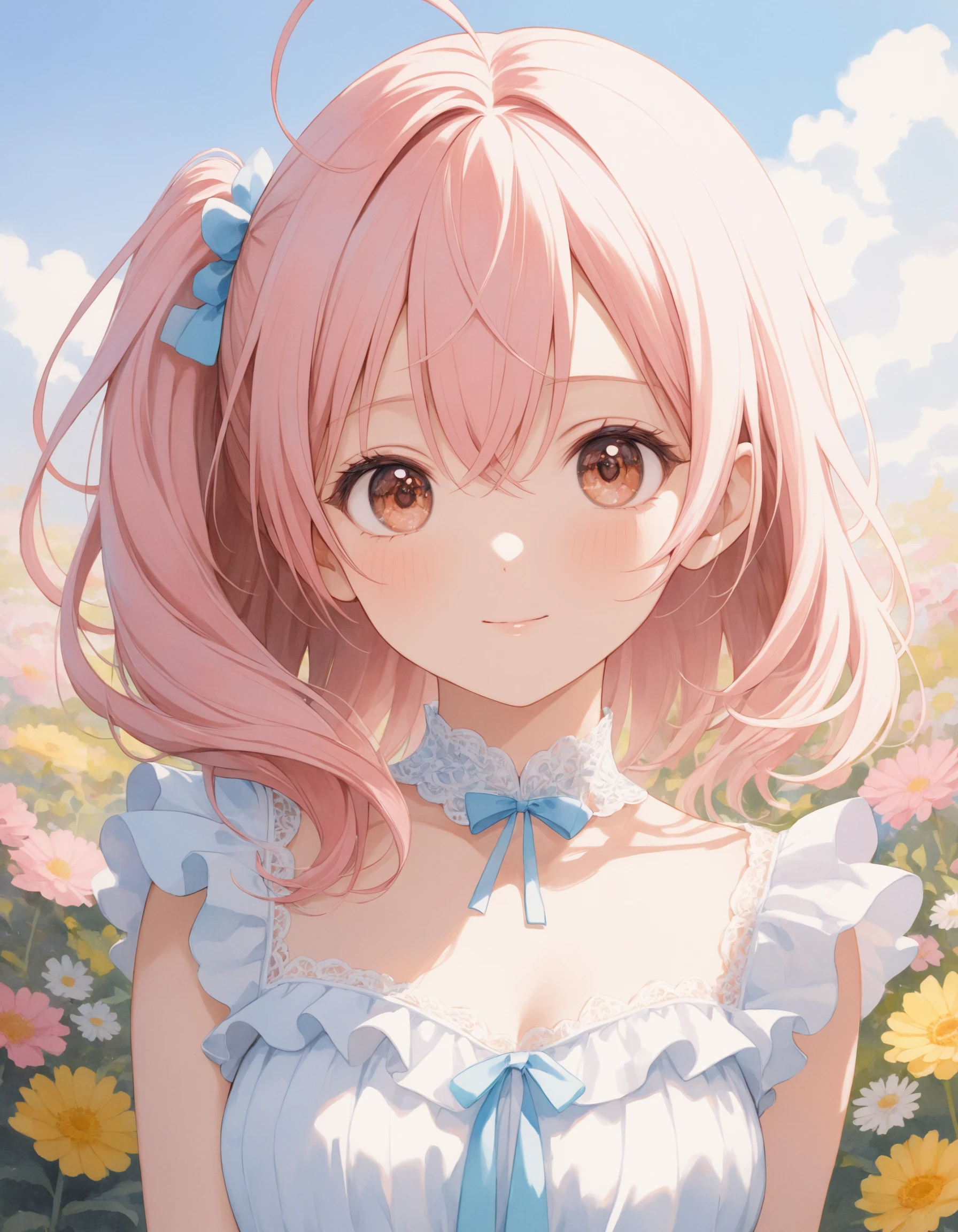 SceneDescription:
- Composition: Portrait. Face focus. Shooting from front.
- Subject: A cute girl.
- Characteristics:
- Face: (Cute round face:1.2).
- Eyes: Detailed brown eyes.
- Hair: Wavy hair, side ponytail, pale pink hair, ahoge and hair between eyes.
- Body: Detailed slender body. Medium breasts.
- Clothing: White chiffon a-line dress, flutter short sleeves, layered ruffled skirt and ribbon waist.
- Expression: Happy expression. Close mouth.
- Posing: Contrapposto. Head tilt. Looking at viewer.
- Background: Fashionable flower garden.
- Elements: Blue sky.
Time: Daytime.
Lighting: (Natural lighting:1.4).
ArtStyle: Watercolor. Traditional media. Blurry. Pale pastel colors.
Quality: Intricate details. Extremely detailed. Outstanding intricacies. (Masterpiece:1.2). (Best quality:1.2). (Absurdres absolutely resolution:1.4).
Mood: Pastel atmosphere.
<lora:flat_sdxl:0.2>