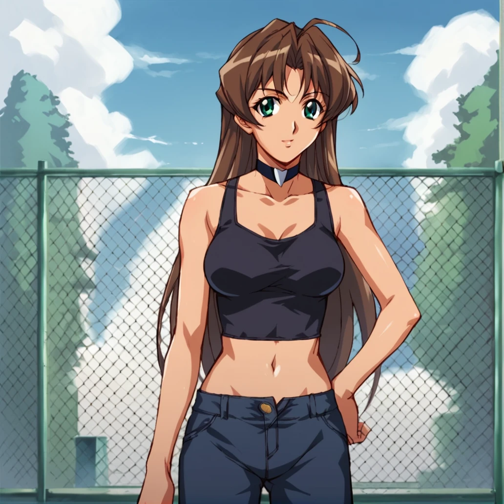 score_9, score_8_up, score_7_up, score_6_up, score_5_up, score_4_up, BREAK,   <lora:Hibiki_amawa:0.7>, hibiki amawa, 1girl, solo, long hair, breasts, brown hair, navel, green eyes, outdoors, choker, day, midriff, hand on hip, tank top, fence, chain-link fence