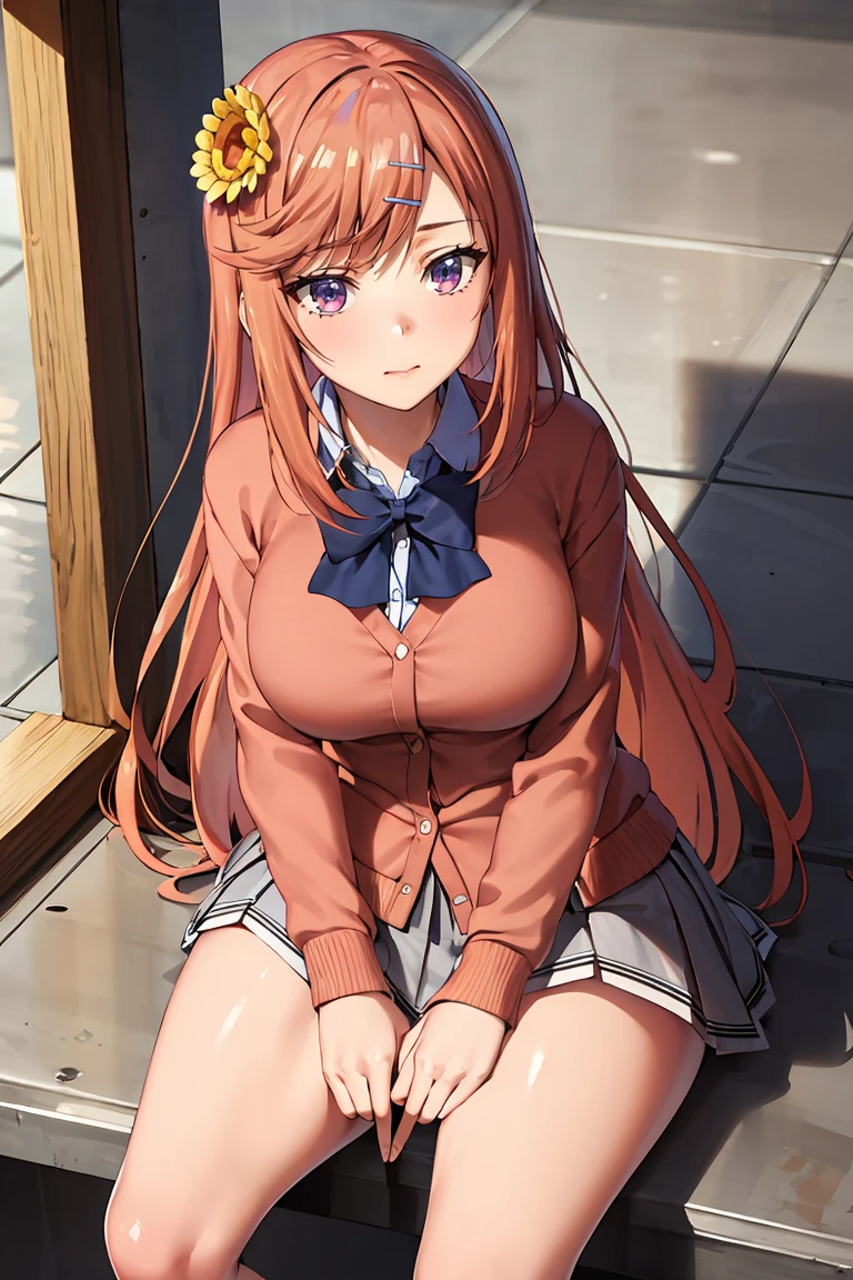 masterpiece, best quality, ultra-detailed, glistening shiny, glowing light, ray tracing, HDR, deph of field, (perfect face, detailed face),  <lora:AsahinaNazuna:1>, asahinanazuna, orange hair, long hair, sunflower hair ornament, hairclip, pink cardigan, collared shirt, black bowtie, pleated skirt, bare legs, sitting