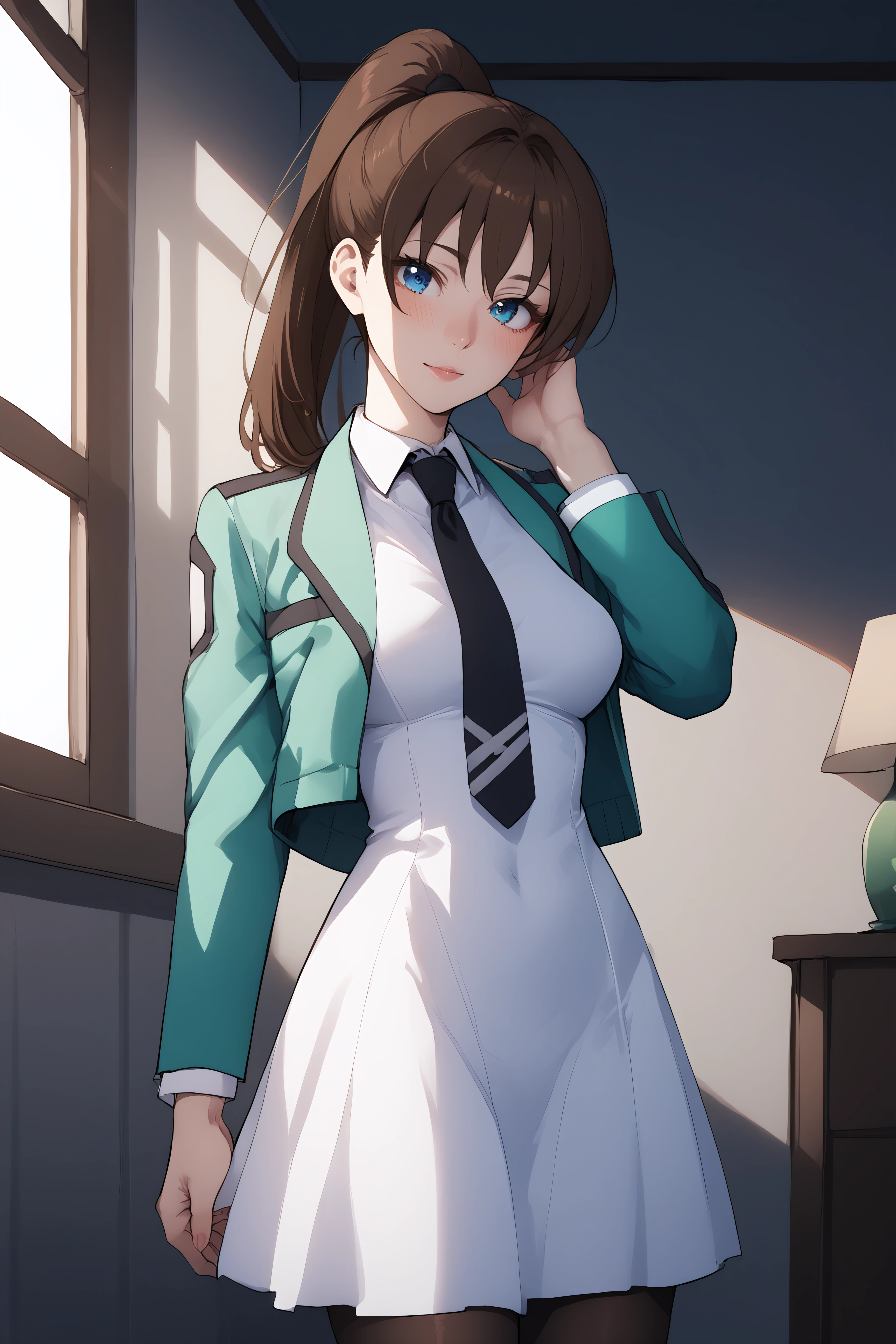 score_9, score_8_up, score_7_up, BREAK source_anime, <lora:sayaka mibu-PonyXL-lora-Faxtron:0.8> sayaka mibu, blue eyes, brown hair, high ponytail, medium breasts, cropped green jacket, white dress, necktie, pantyhose,