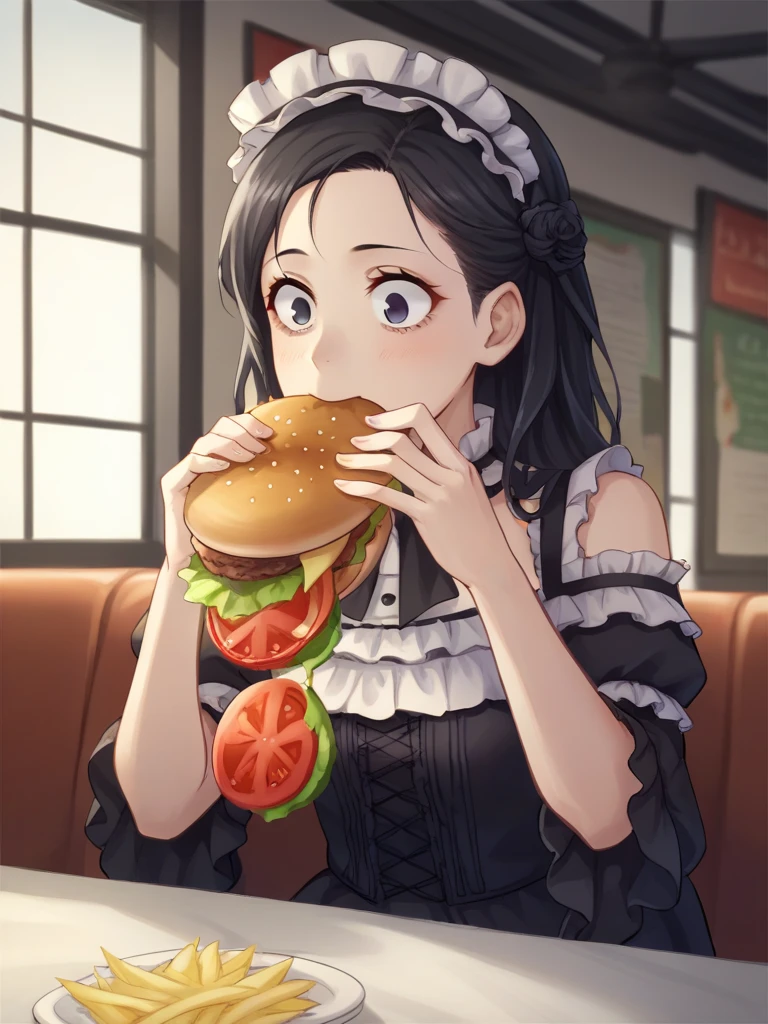 <lora:Burger_Malfunction-PonyXL-1024px:0.8>
score_5_up, score_6_up,
1girl, solo, sitting in restaurant, eating, holding food, burger, burger_malfunction, wide_eyed, wearing black Victorian dress, frills, bare_shoulders, long black hair, headdress, 
tomato, cucumber, messym bacon, ketcup, mustard, salad