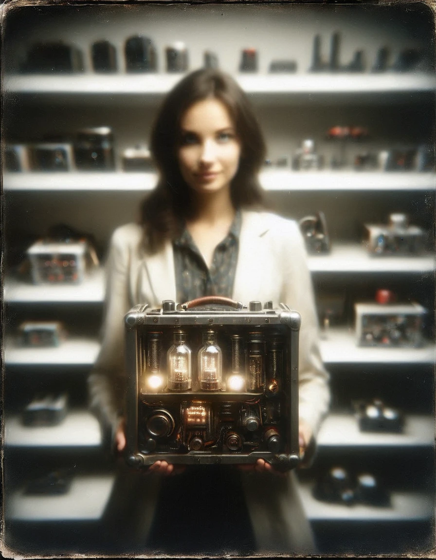 portrait of a young inventer with her futuristic small product a hardbody device contained flux capacitor vacuum tubes and sleek glossy materials electric live energy and small led readout displays with tactile knobs and buttons with background organized room with neatly organized tools and shelving beautiful soft lighting and photography dynamic angles inventor in neat room with sci-fi briefcase-sized product concept