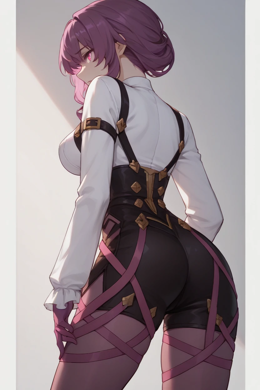 score_9,score_8_up,score_7_up,source_anime BREAK <lora:kafka-hsr-isek-richytags-v1_pdxl:1>,1girl,solo,purple eyes,no pupils,purple hair,long white sleeves,long sleeves,purple gloves,breasts,black shorts,high-waist shorts,high heel boots,purple thigh straps,pantyhose,from behind position,pony tail,