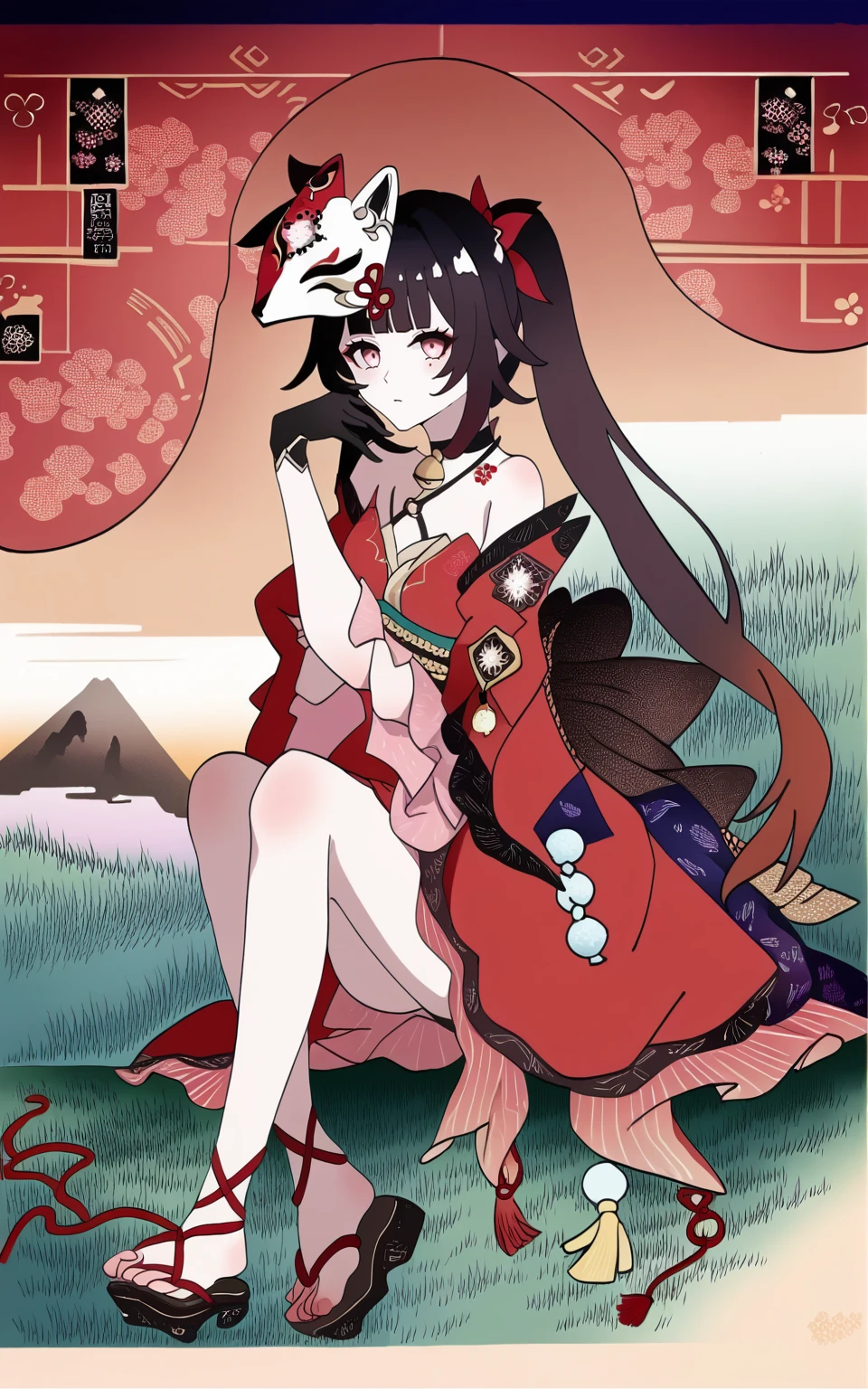 score_9, score_8_up, score_7_up, score_6_up, score_5_up, score_4_up, source_anime, jptradartpny, 1girl, solo, 1girl, sparkle_\(honkai:_star_rail\), fox_mask, bare_shoulders, red_dress, mask_on_head, neck_bell, black_choker, absurdres, criss-cross_halter, black_gloves, sandals, (sitting), outdoors, grass, river, mountain, day, sky, clouds, (full body), looking at viewer,  <lora:sparkle_pony:1>, <lora:jptradartpny:1.5>