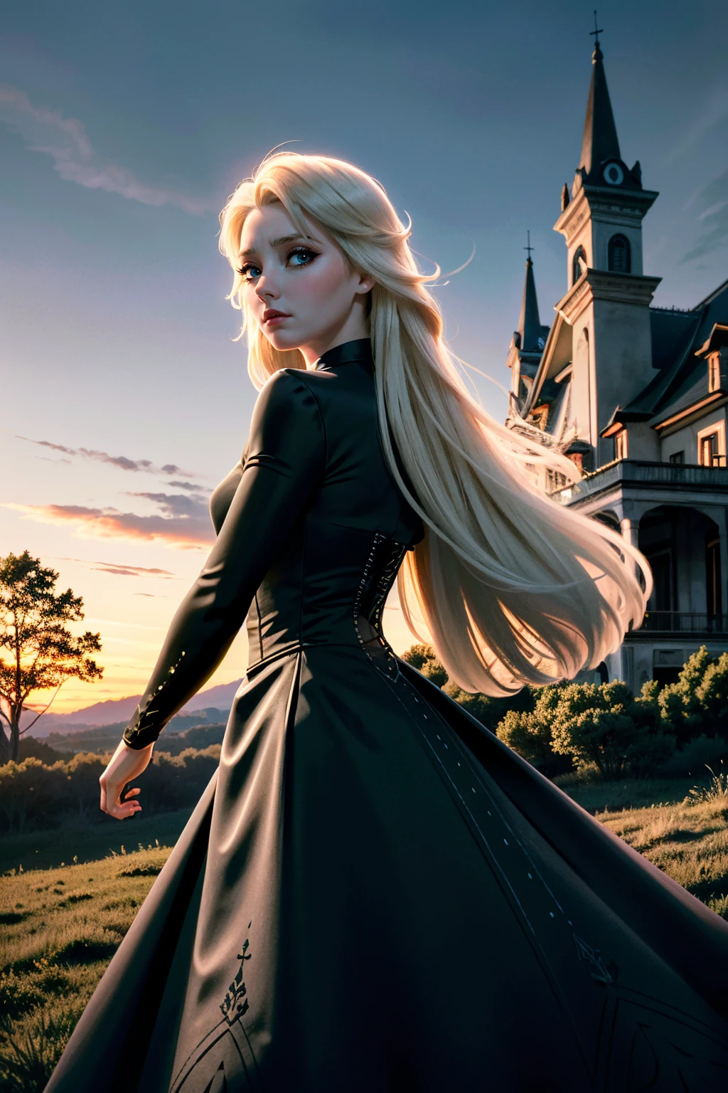 ((ultra detailed, masterpiece, absurdres))
 <lora:DisneyElsa:0.8>
DisneyElsa, 1girl, long hair, blonde hair, looking at viewer, Haunted mansion on a hill, eerie glow and Victorian architecture