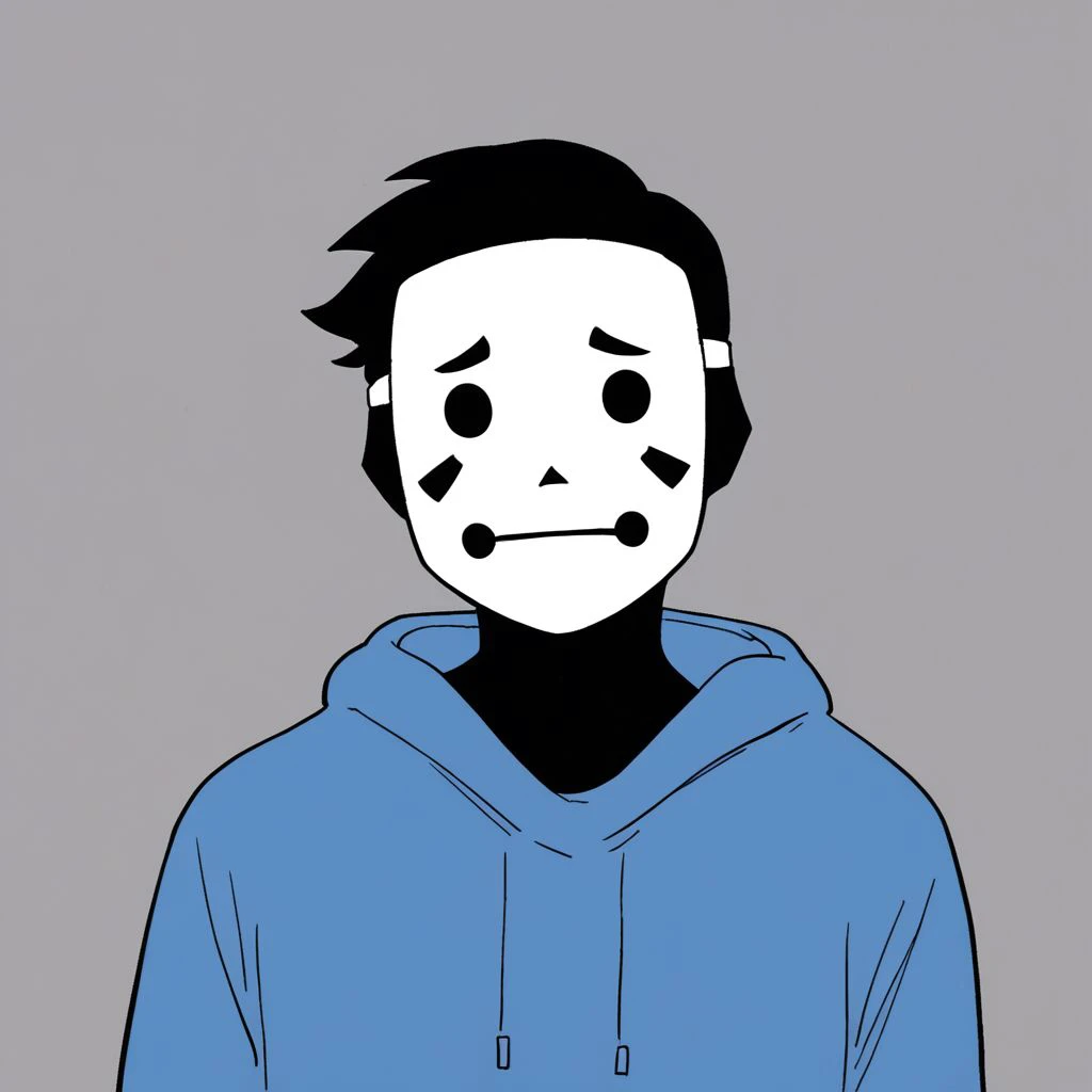 <lora:MaskGuyMDv1.0:1> (zPDXL2), score_9, score_8_up, score_7_up, source_cartoon, mask guy (mime and dash), 1boy, solo, human, black skin, short hair, black hair, sad mask, blue hoodie, blue drawstrings, long sleeves BREAK headshot portrait, looking at viewer, from front BREAK flat colors