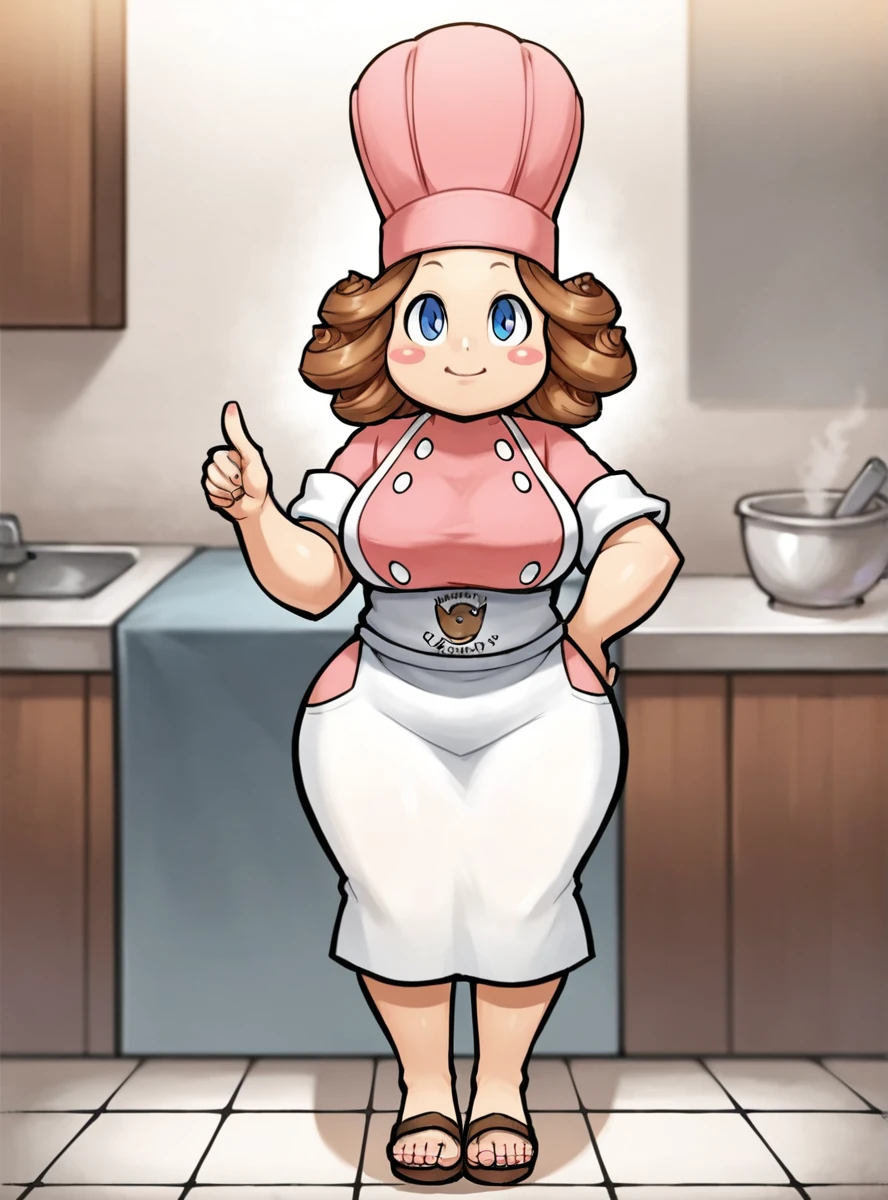 score_9, score_8_up, score_7_up, score_6_up, score_5_up, score_4_up , source_anime,  <lora:delicia:0.7>deliciascones, solo, hat, 1girl, chef hat, apron, brown hair, pink headwear, blush stickers curly hair,  blue eyes. kitchen,  smile, curvy thick thighs pointing at viewer, sandals,large breasts,  wide hips, narrow waist,