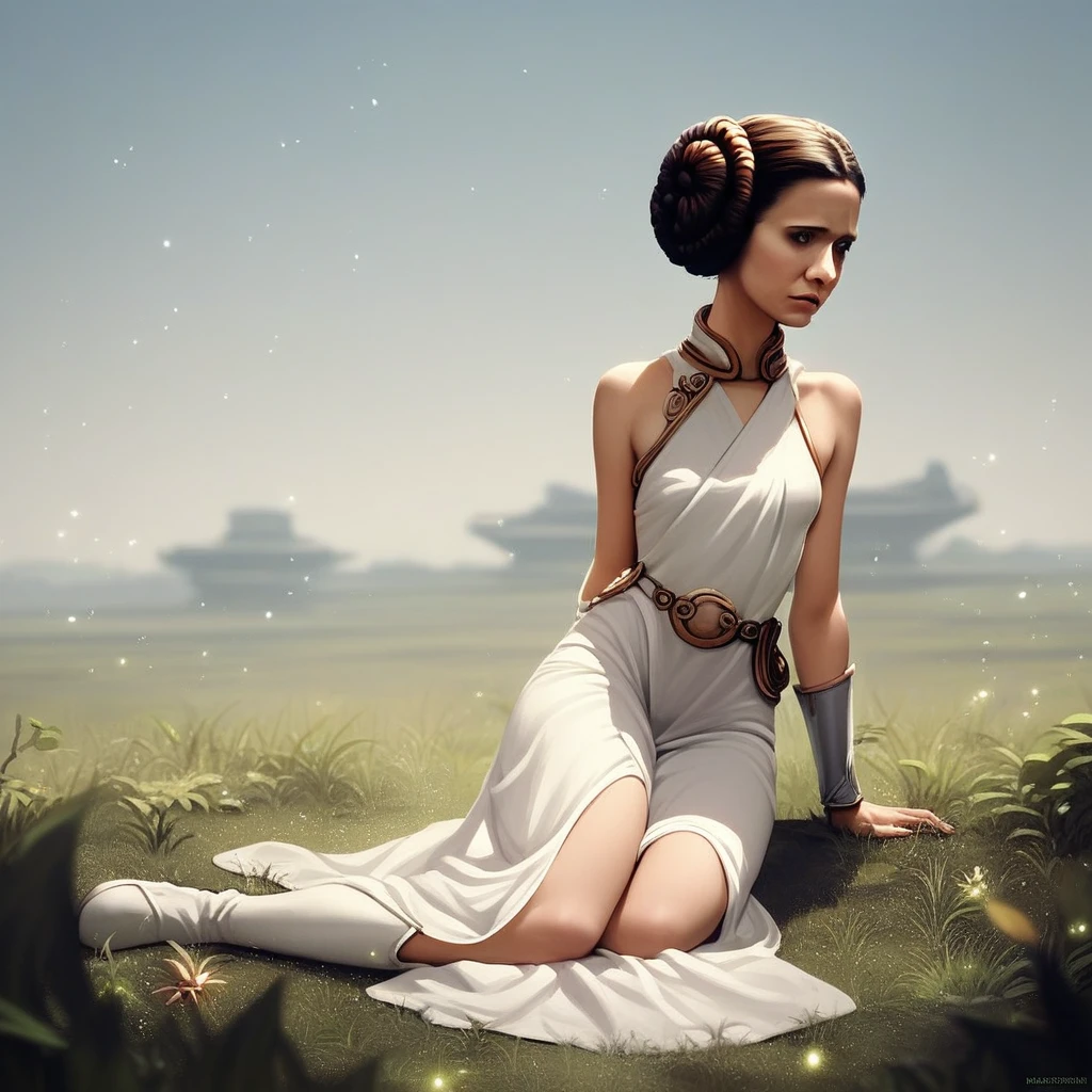 source_anime, ((score_9)),score_8_up,score_7_up,score_6_up,score_5_up,score_4_up, rating_PG-13, masterpiece, absurdres, BREAK, 1woman, Princess Leia, princess_leia_organa_solo, short hair, hair bun, white dress, white clothing, side_slit, white boots, bare legs, Princess_Leia_Organa  outdoors, grassy, blue sky, science_fiction, depth of field, light particles,