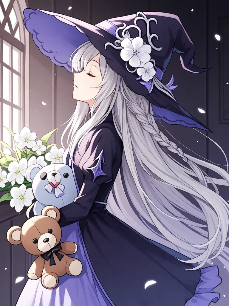 1girl, :o, ahoge, braid, closed eyes, dress, flower, from side, grey hair, hair flower, hair ornament, hat, long hair, parted lips, petals, solo, standing, stuffed animal, stuffed panda, stuffed toy, teddy bear, very long hair, white flower, witch hat